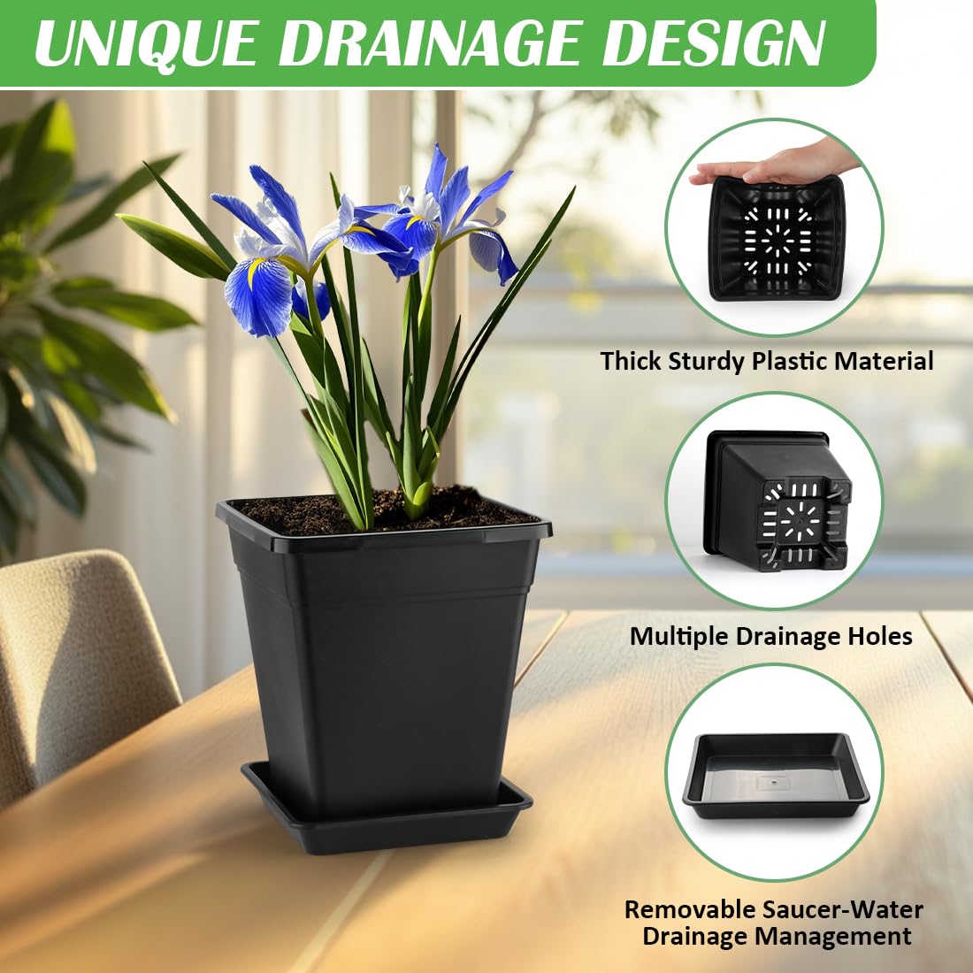 BTPLASTIK Square Plastic Planter 8 Inch, Plant Pots with Drainage Hole & Tray, 10 Pack Modern Decorative Garden Pot with Saucer, 1 Gallon Flower Pots Planters for Indoor Outdoor Plants