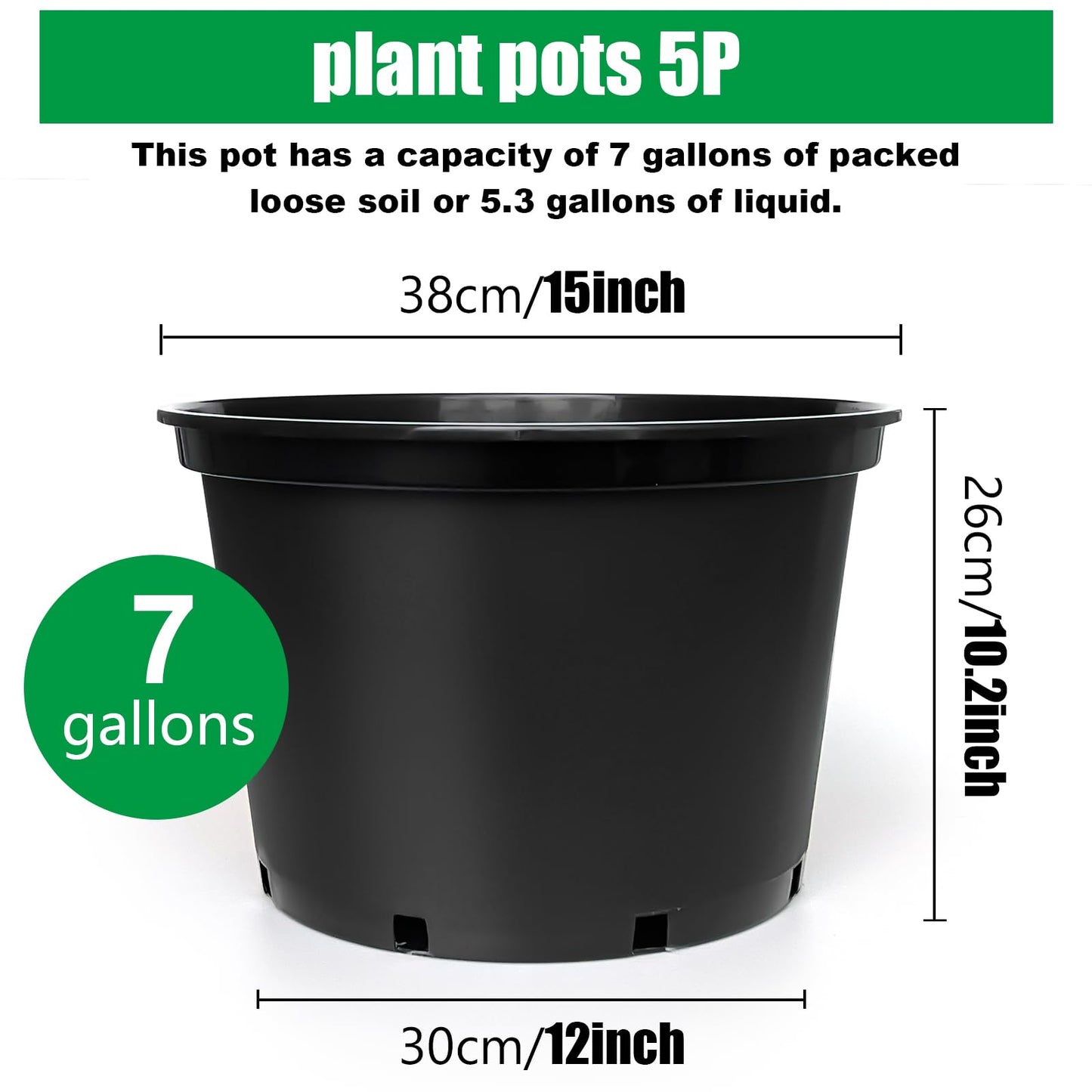 7 Gallon Plastic Nursery Pots, 15 Inch Large Plastic Pots for Plants, Round Plant Pots with Drainage Holes, Flower Pots for Outdoor Indoor Plants, Gardening Gifts for Women (5-Pack, Black)