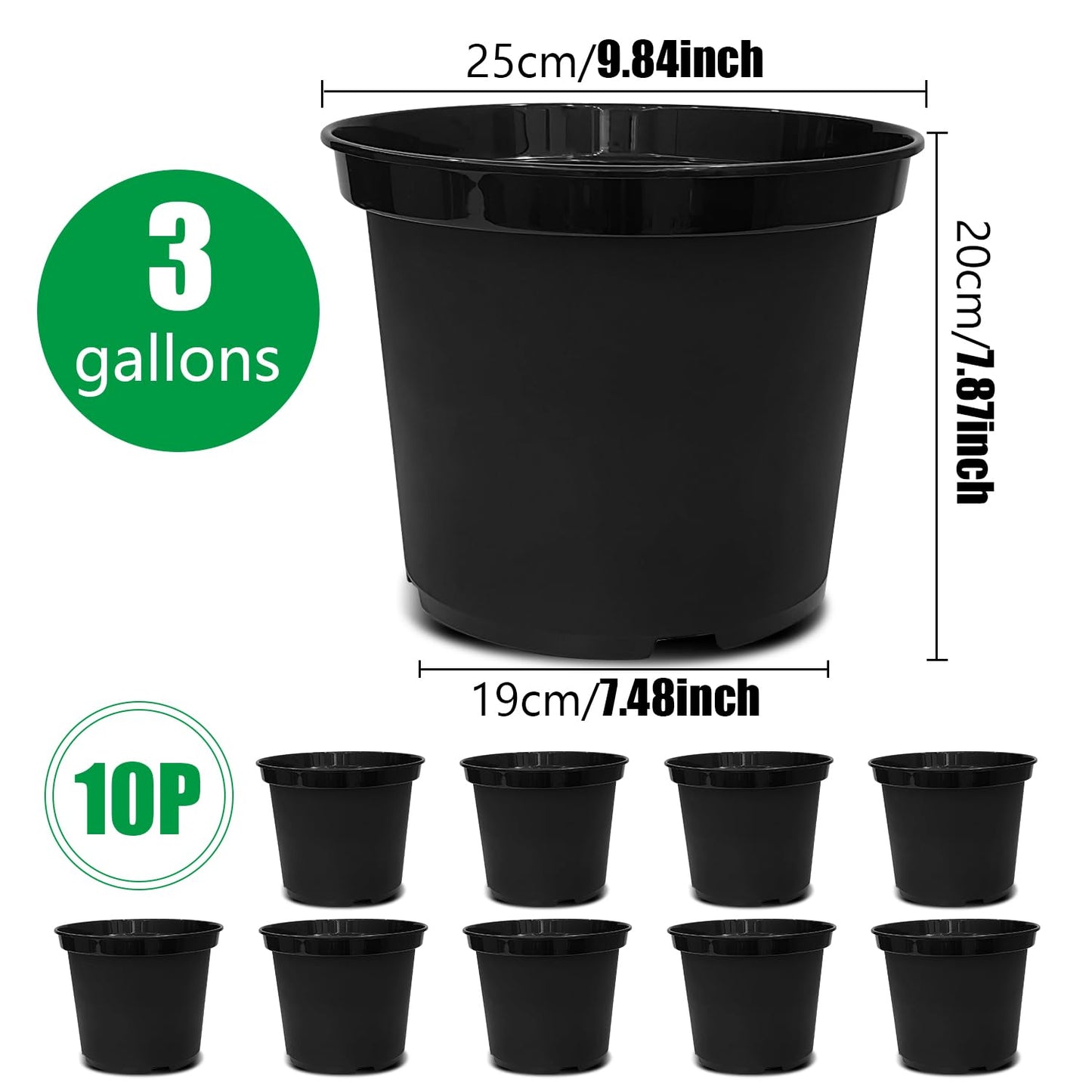 3 Gallon Plastic Nursery Pots, 10 Inch Round Plant Pots with Drainage Holes, 10 Pack Planting Pot for Outdoor Indoor Plants, Gardening Gifts for Women, Black