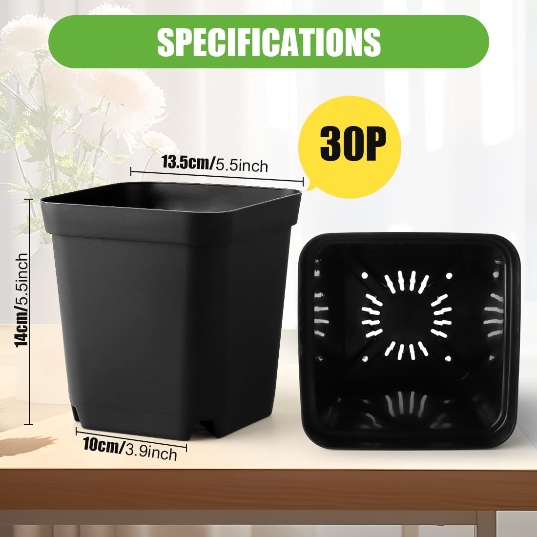 Square Nursery Pots 5.5 Inch, Plastic Plant Pot with Drainage Holes, 30P Reusable Seedling Starter Pots Garden Flower Pots Planters for Indoor Plants, Transplanting, Succulents, Cuttings