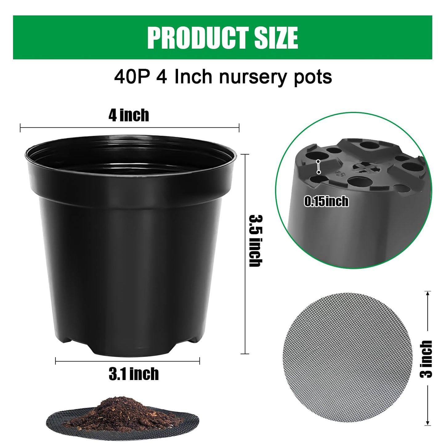 40 Pack 4 Inch Plant Nursery Pots with Mesh Pad, Sturdy Plastic Flower Planter Pots with Drainage Holes, Seed Starter Pots for Planting Seedings Cuttings Succulents Indoor Ourdoor, Black