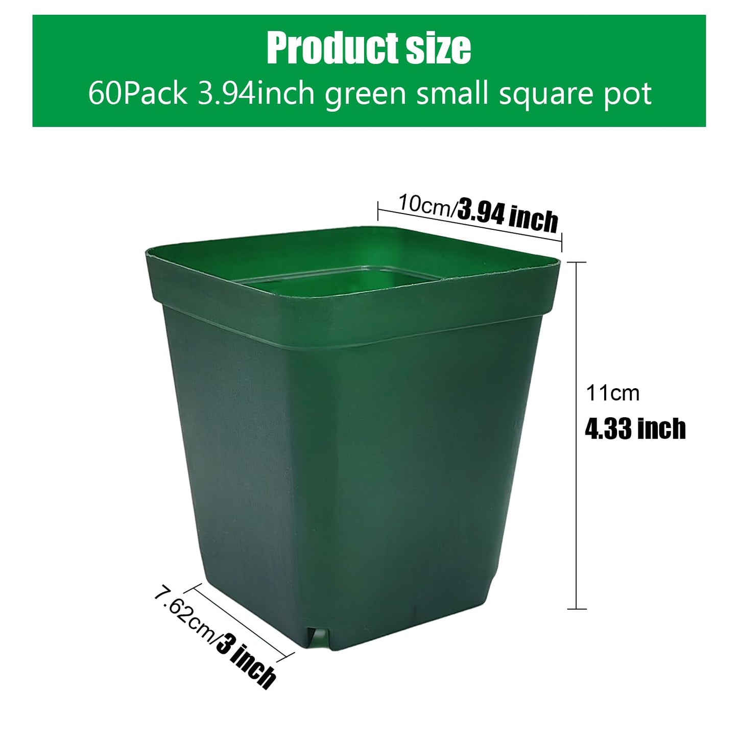 Square Nursery Succulent Pots 4 Inches 60 Pcs Deep Flower Plant Nursery Seedling Grow Pots Plastic with Drainage (Green, 4Inches, 60Pcs)