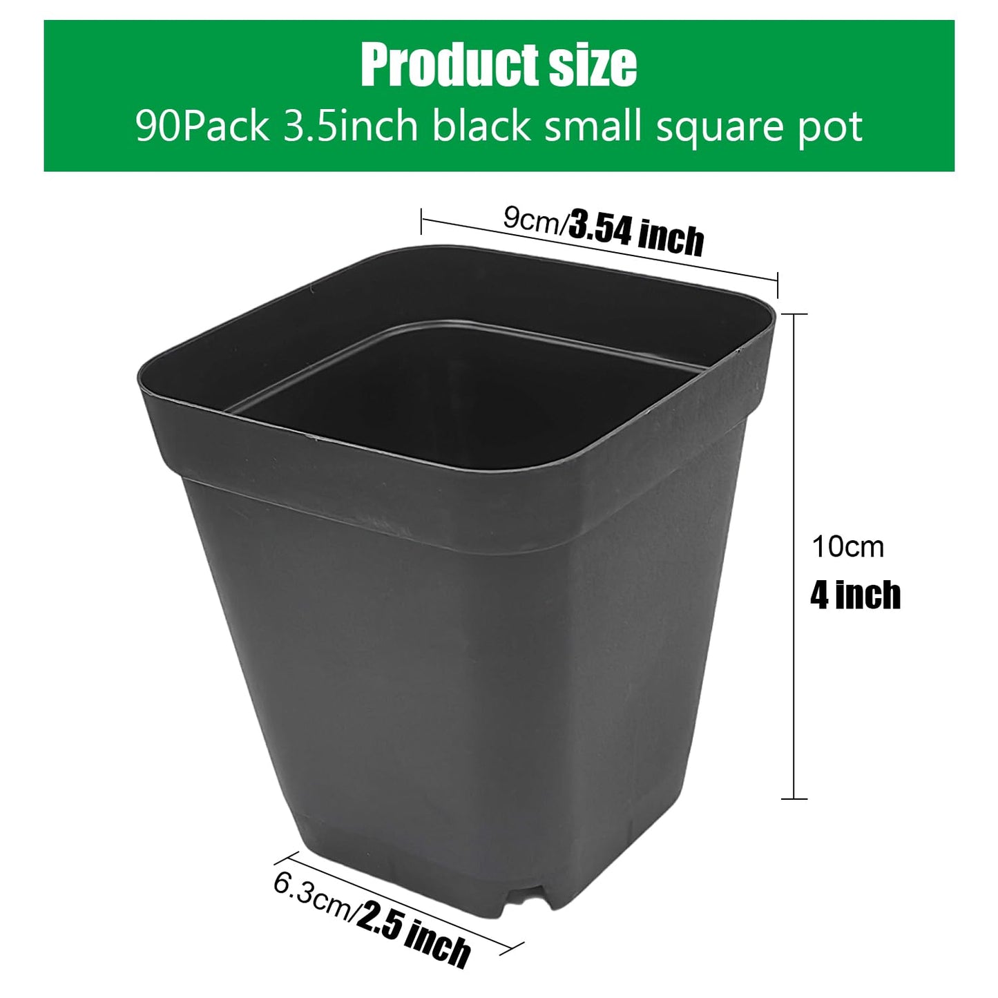 Square Nursery Pots 3.54Inches 90 Pcs Seedling Flower Post Plastic Thick Seed Start Germination for Plant Propagation,Sturdy Suit for 1020 Trays(Black,3.54Inches,90Pcs)