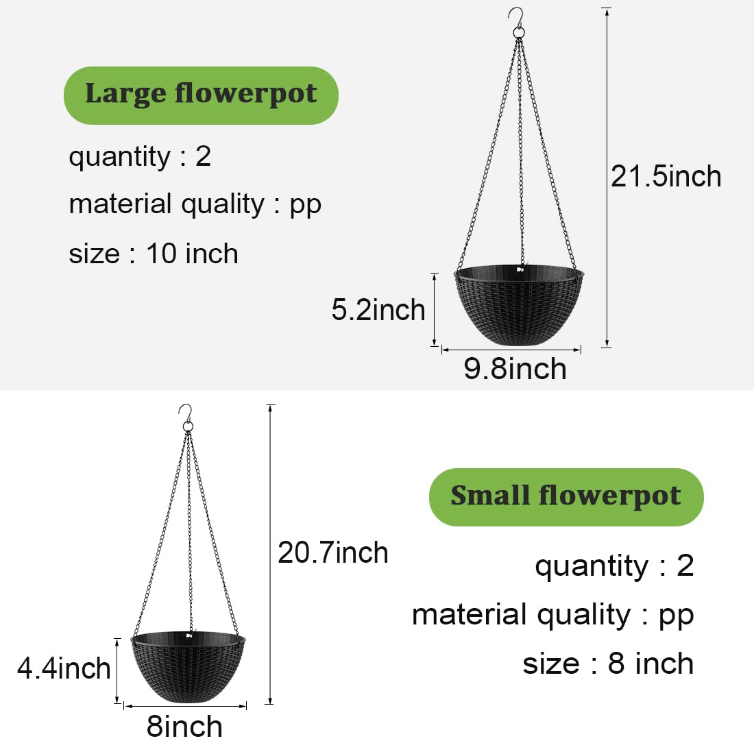 Hanging Planters for Indoor Outdoor Plants 8/10 Inch, 4 Packs Plant Hanger with Drainage Holes, Hanging Basket Flower Pot Perfect for Home, Office and Garden, Black