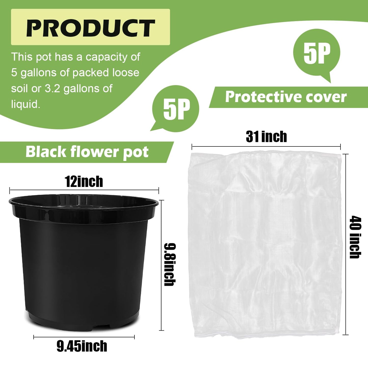12-Inch Reusable Nursery Pots with Durable Bird Netting Covers for Outdoor/Indoor Plants, 5-Gallon Garden Pots & Bird Netting for Garden Protection Bundle, Gardening Gifts for Women (5-Pack)