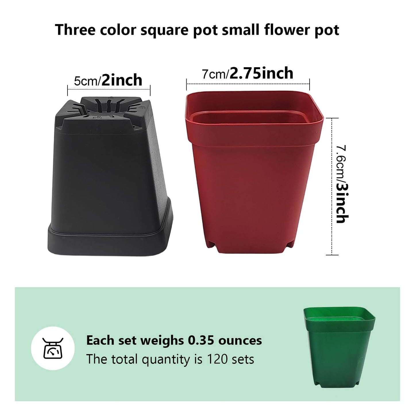 Square Plastic Nursery Pot 3" 120 Pcs Deep Succulent Pots Small Flower Planter Seeds Starter Pots with Drainage (Green,Black,Red 40pcs Each,2.7Inches)