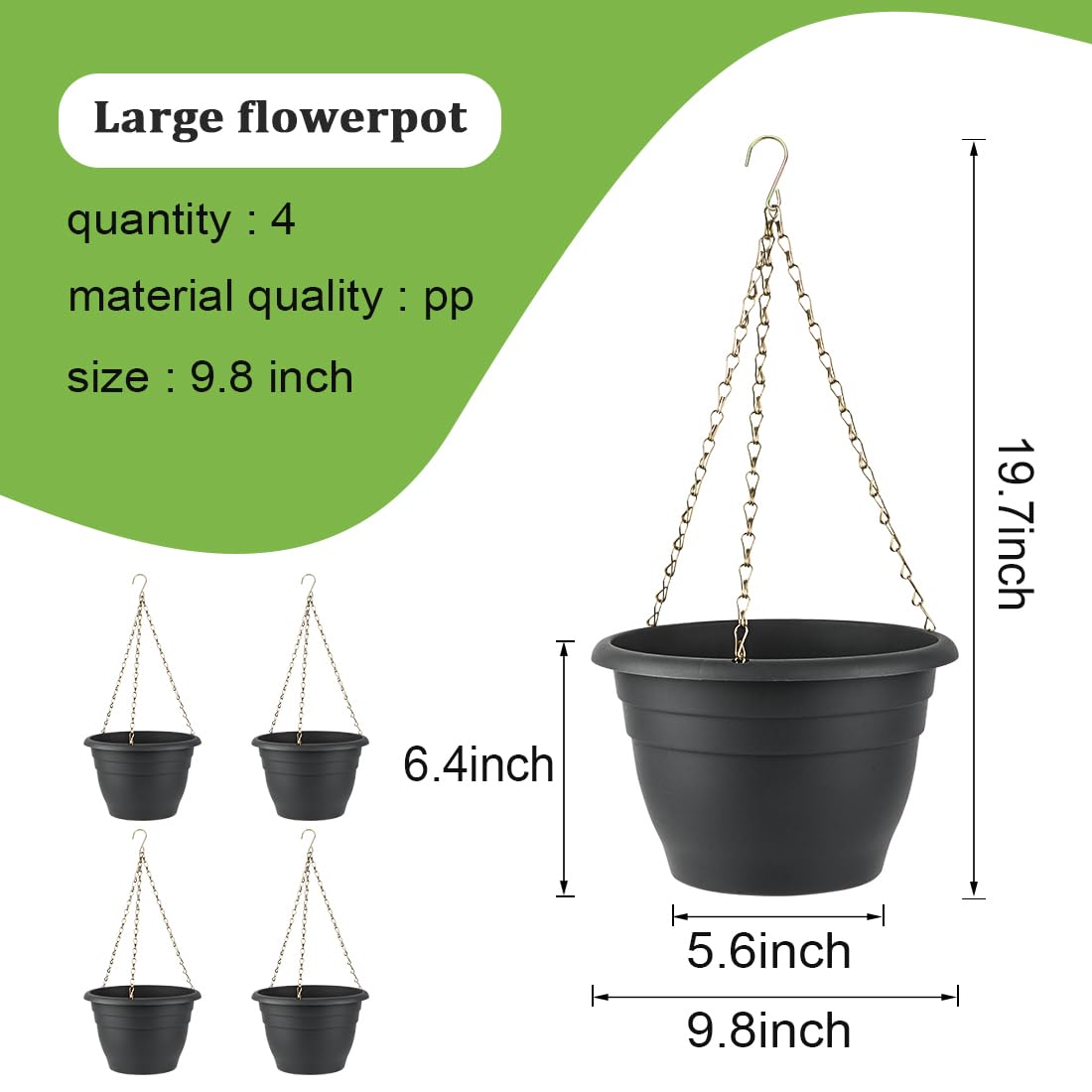 Hanging Planters 10 Inch, 4 Pcs Flower Pots with Drainage Hole, Self Watering Hanging Basket for Indoor Outdoor Plants, Decor, Gray