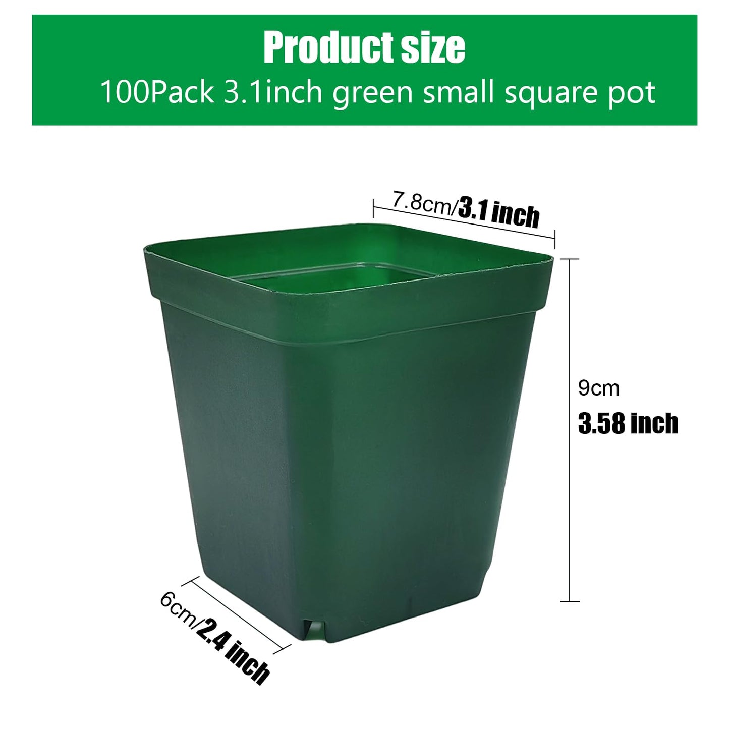 Square Seedling Nursery Pots 3.15 Inches 100 Pcs for Small Succulents or Cacti Flower Plastic Pots Sturdy Reusable (Green, 3.14Inches,100Pcs)