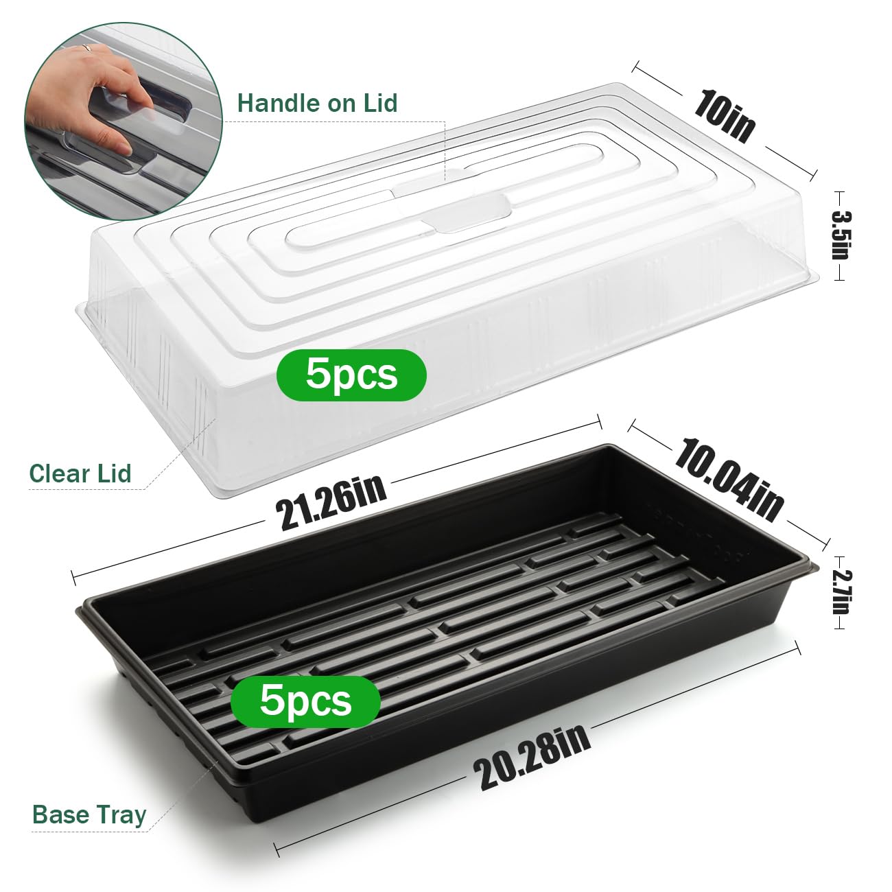 5-Pack 1020 Seed Trays with Humidity Domes - Reusable Heavy Duty Plant Propagation Trays, 3.6" 1020 Clear Greenhouse Covers & Handle for Seedlings, Cloning, Microgreens (No Holes Design)
