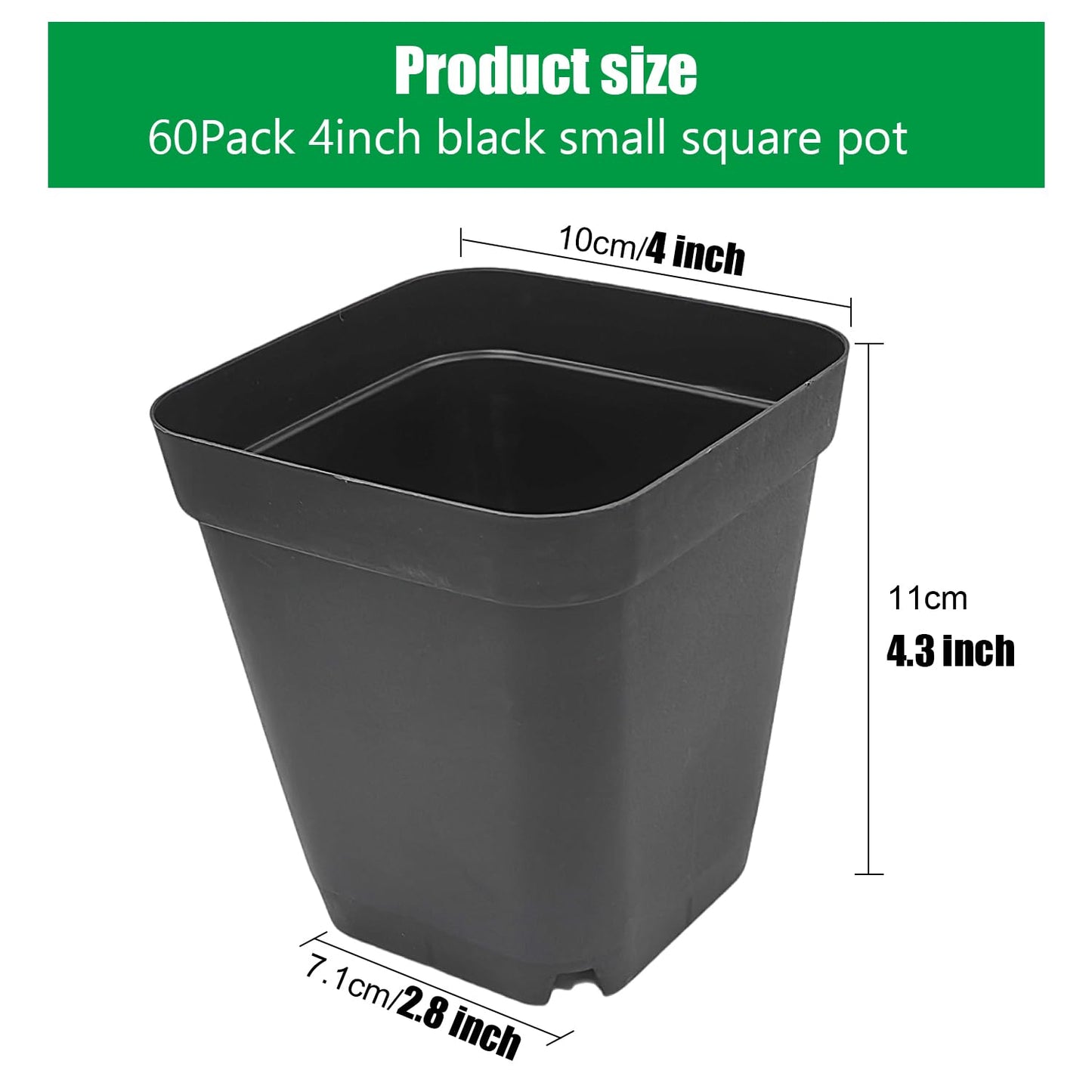 Square Nursery pots 4 Inches 60Pcs, Seedling Plastic Seeds propogation Growing Pots (Black,4Inches,60Pcs)