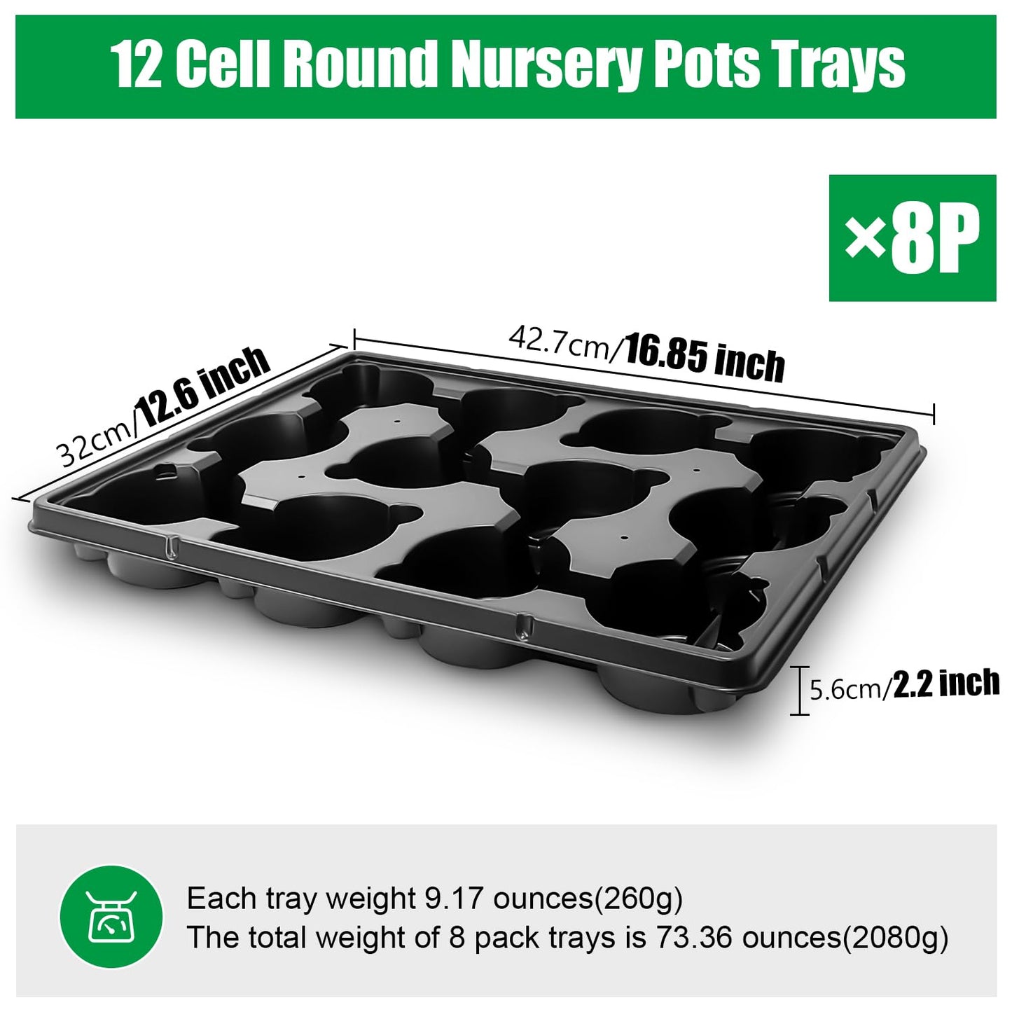 BTPLASTIK 12 Cell Round Nursery Pots Trays 8 Pack, Sturdy Carrying Trays for Holding 4 Inch Plant Pots, Thickened Plastic Seeding Planting Tray, Black