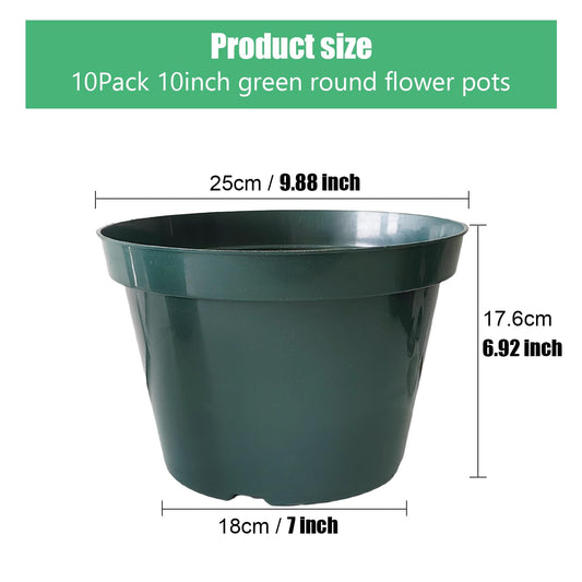 10 Pack Green Plastic Planter Pots, 10 Inch Thick with Multiple Drainage Holes, for Herbs, Strawberries, Flowers - Indoor/Outdoor