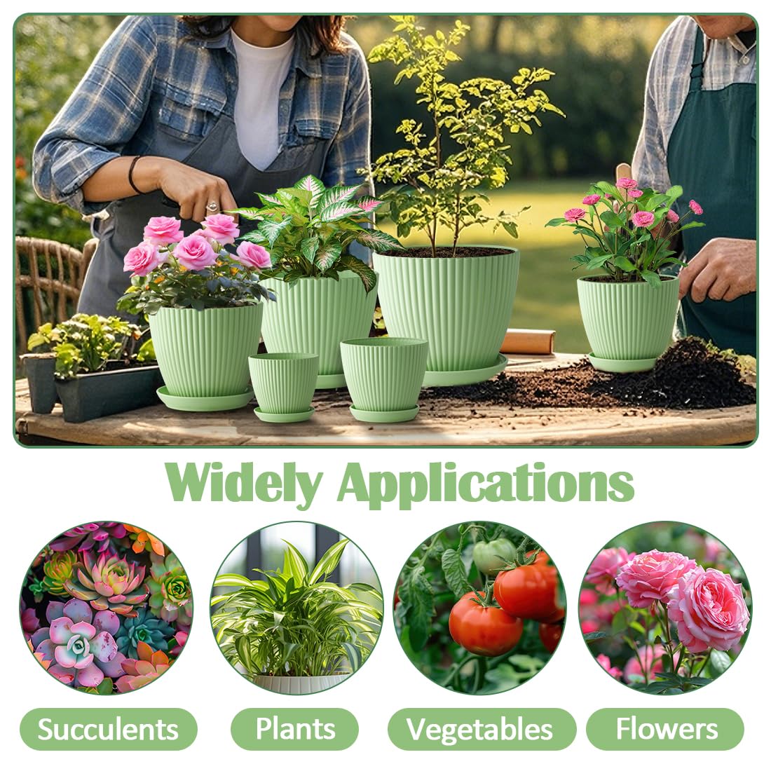 Indoor Planters with Drainage Holes and Saucers, 7.5/6.5/5.5/4.9/4.2/3.5 Inch Plant Pots, 6 Pack Plastic Flower Pots for Indoor Plants Such as Succulents and Herbs, Green