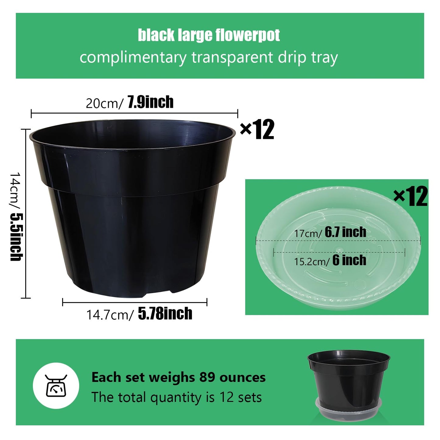 12 Pack Plant Pots, 8 Inch Plant Planter with Clear Saucer, Plastic Pots for Plants Indoor and Out Door Such as Strawberry, Herb and Flowers (Black)