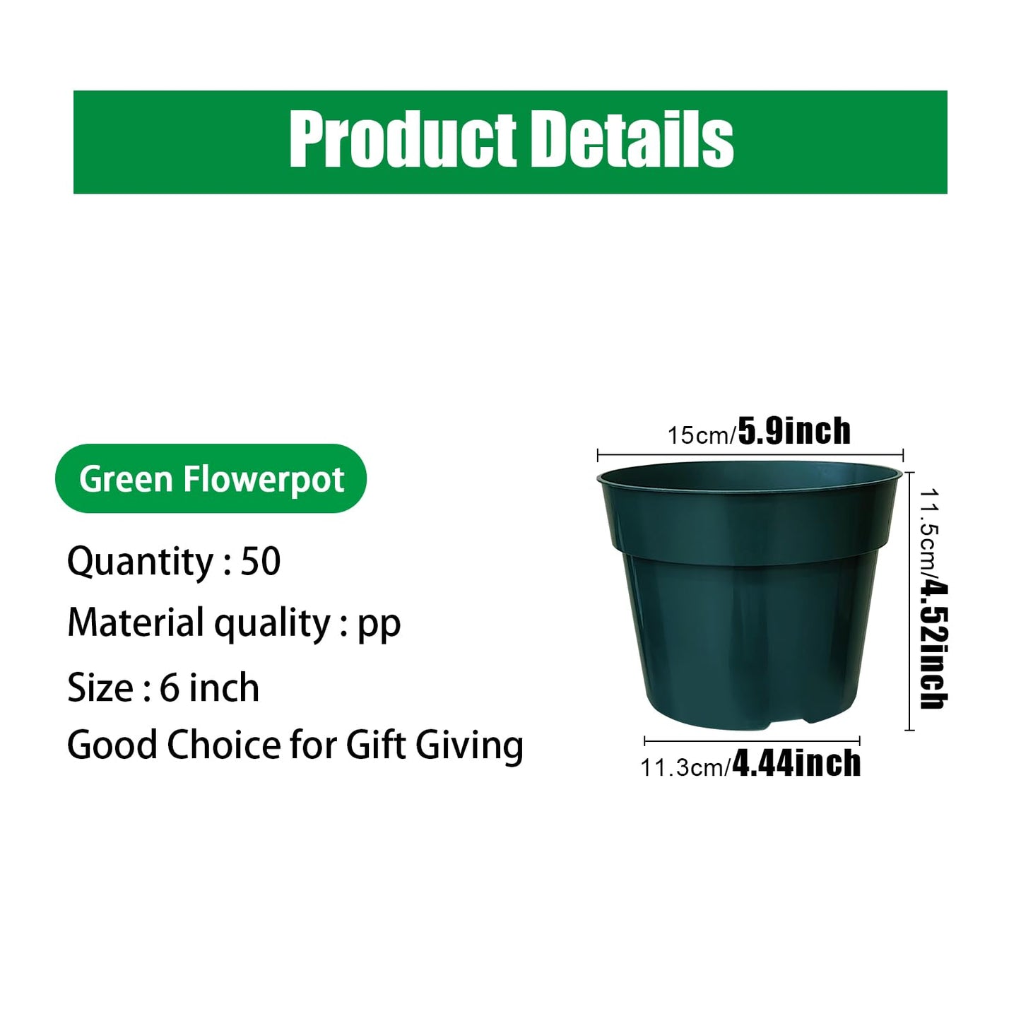 50 Pack 6 Inch Nursery Pots, Planting Grow Plastic Flower Pots, Thick Planters with Drainage Holes for Outdoor/Indoor Plants Succulent Herb (Green)