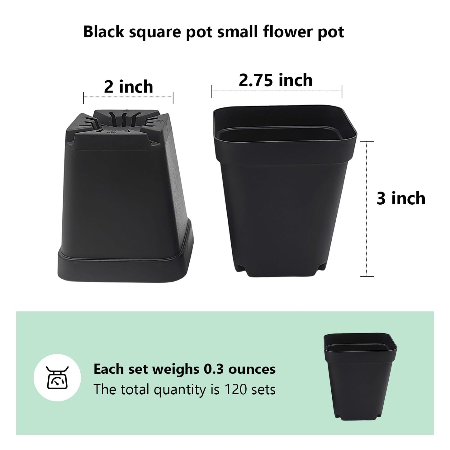 Square Nursery Pots 3" 120Pcs Deep Succulent Plastic Pots Small Flower Planter Seeds Starter Germination Pots with Drainage (Black,2.7Inches,120Pcs)