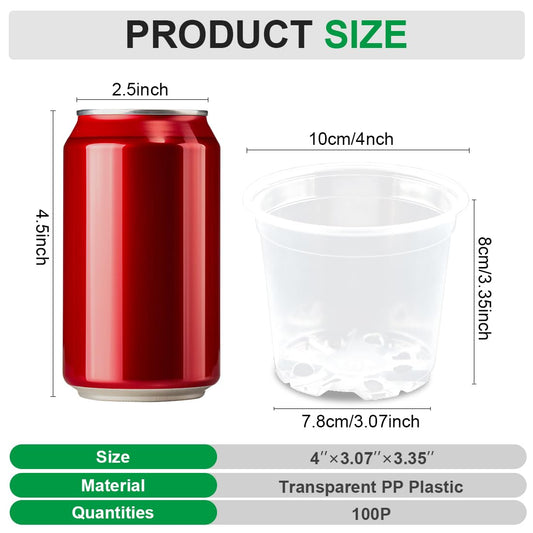 100 Pack 4 Inch Clear Plant pots with Drainage Holes, Transparent Nursery Seeding Pots, Flexile Seeds Starter Pots, Seeds Germination (4Inch,100P,Clear)