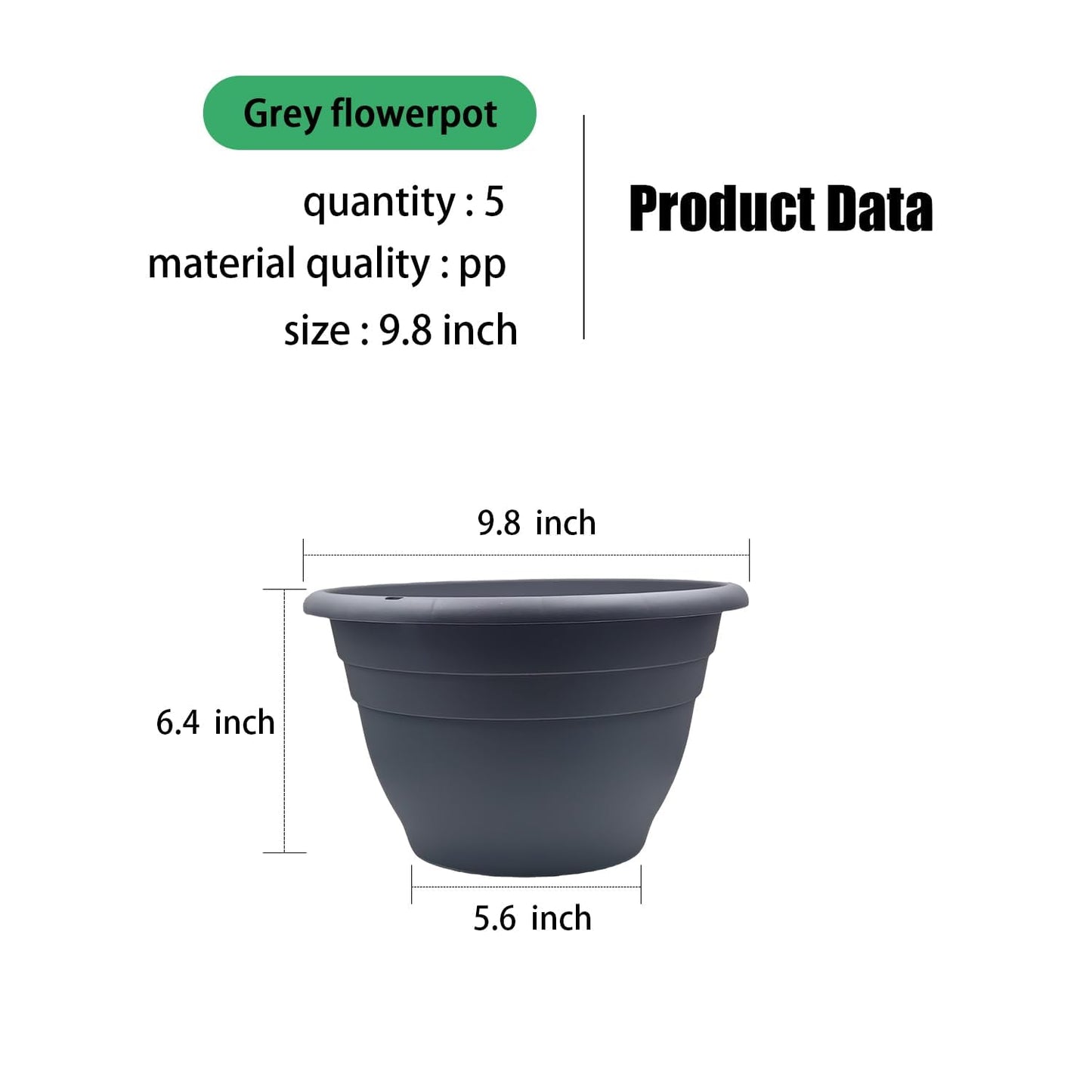 Plant Pots Set of 5, 10" Outside Diameter Flower Pots, 8.5" Inner Diameter Plant Planters with Drainage Hole, Durable Garden Pots Perfect for Indoor & Outdoor Plant Planting, Decor, Gray