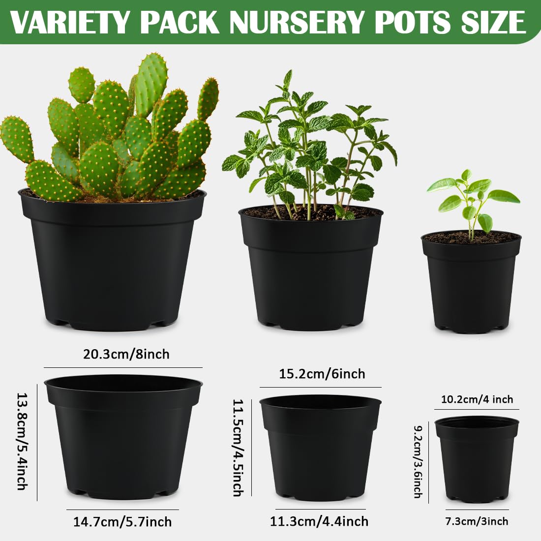 8/6/4 Inch Plant Nursery Pots 15 Pack, Thickened Plastic Pots for Plants with Drainage Holes, Sturdy Seedling Pots, Seed Starting Pots, Flower Pots for Indoor Outdoor Plants, Black
