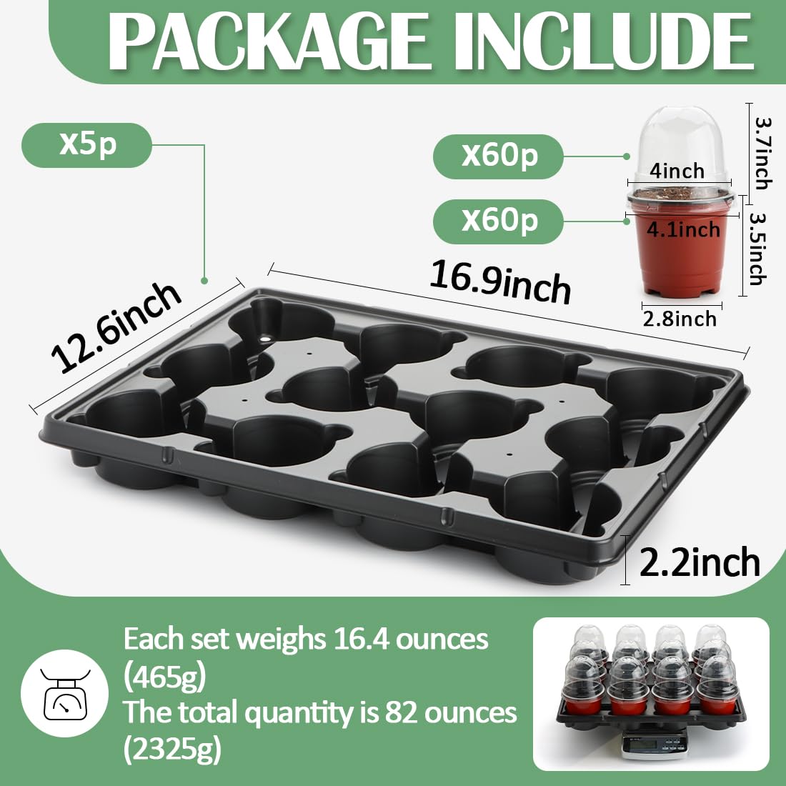 4 Inch 60 Pack Nursery Pots with Humidity Domes & 5 Pack 12 Cell Round Seedling Pot Carrying Trays, Sturdy Seeds Starter Pot Germination Set, Small Planter Nursery Propagation 5 Sets