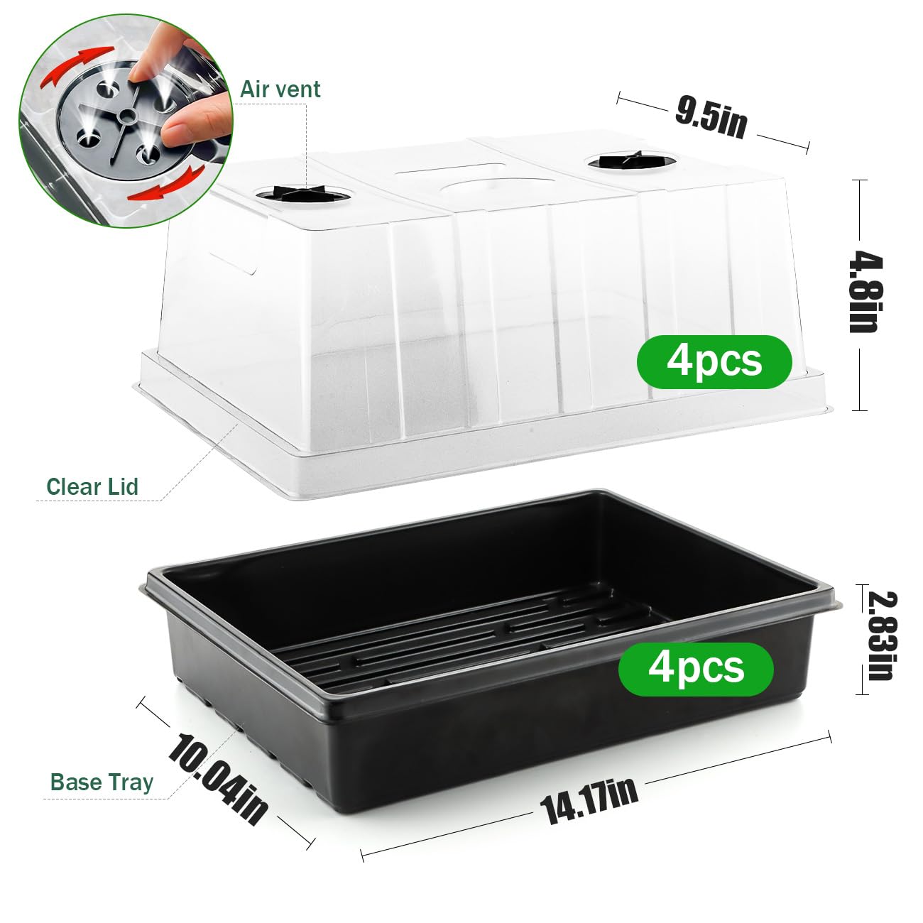 4-Pack Seed Starter Trays with 5'' Tall Humidity Domes – Reusable Plant Germination Kit for Microgreens, Herbs & Indoor Gardening | Clear Vented Lids, Fast Seedling Growth & Durable Design