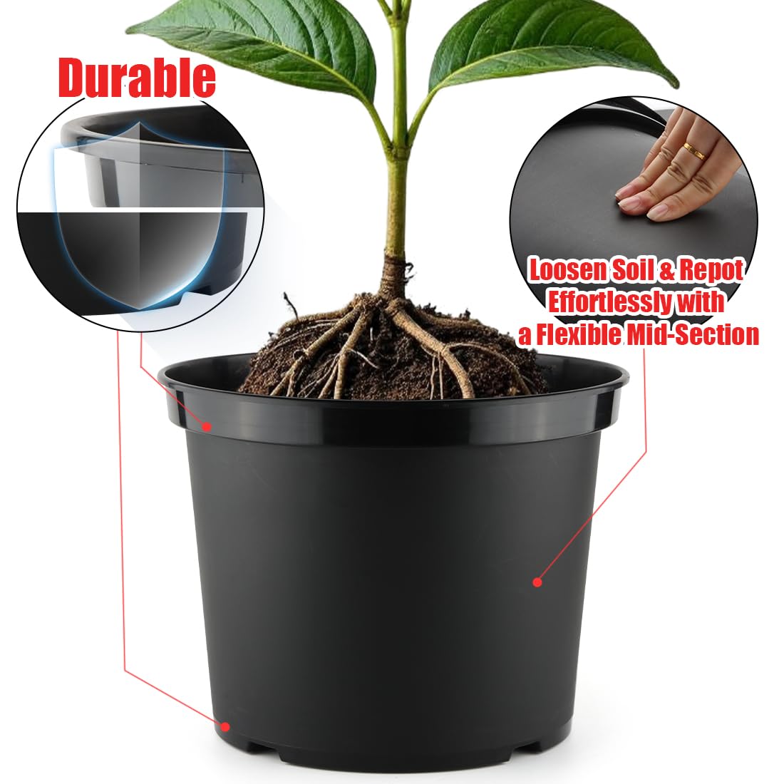 5 Gallon 12 Inch Plastic Nursery Pots, Plant Containers with Drainage Holes, Round Sturdy Garden Planters for Indoor/Outdoor Greenery, Gardening Gifts for Women (5-Pack, Black)