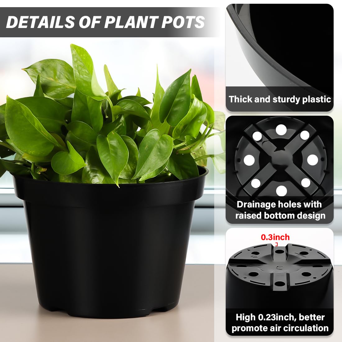 BTPLASTIK 8 Inch Plastic Plant Pots, 15 Pack Sturdy Nursery Pot with Drainage Holes, Flower Planter Pots for Indoor Outdoor, Garden Containers Sets for Vegetable Herbs Flowers, Black