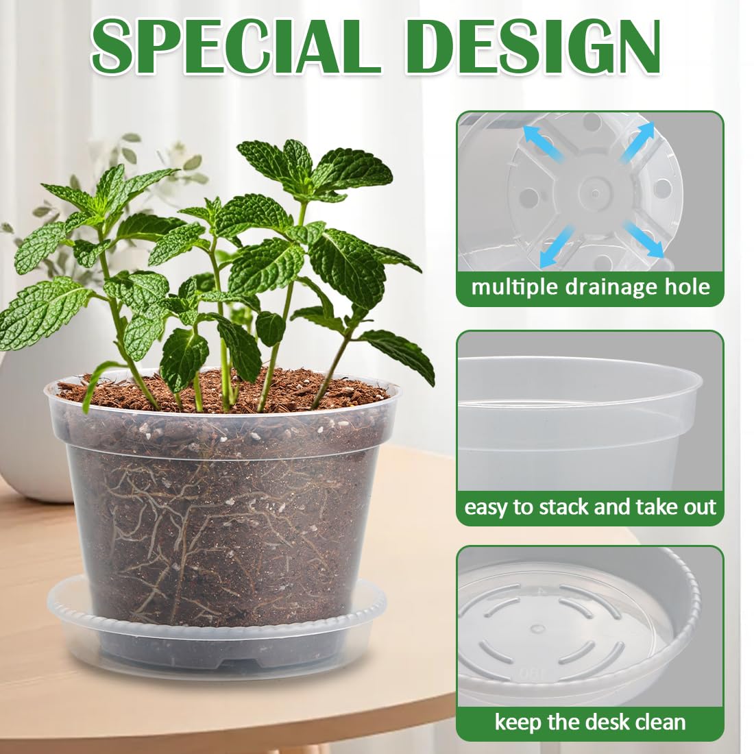 9 Pack 8/7/6 Inch Clear Nursery Pots for Plants with Saucer, Transparent Plastic Plant Pots with Drainage Holes, Sturdy Seedling Starter Pot, Garden Planter Pot for Succulents Flowers Herb Vegetables