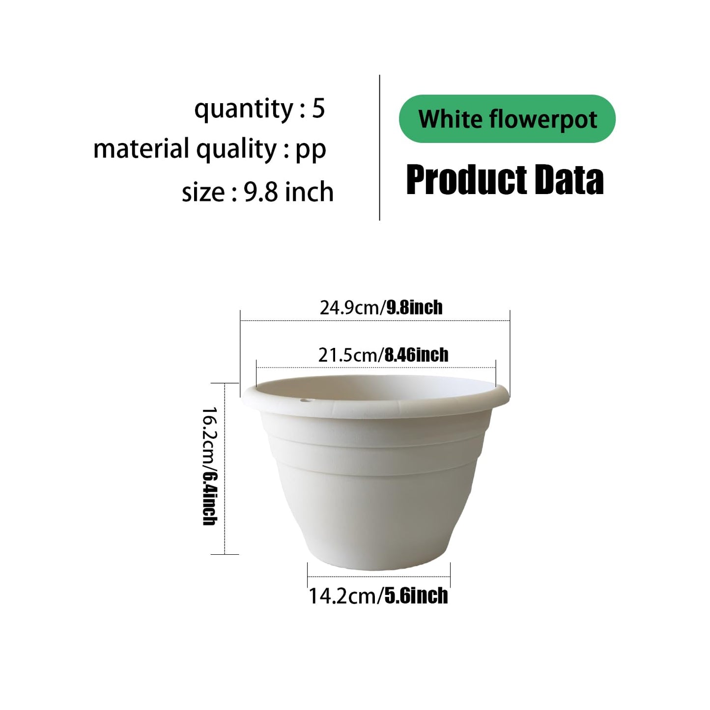 Plant Pots Set of 5, 10" Outside Diameter Flower Pots, 8.5" Inner Diameter Plant Planters with Drainage Hole, Durable Garden Pots Perfect for Indoor & Outdoor Plant Planting, Decor, White