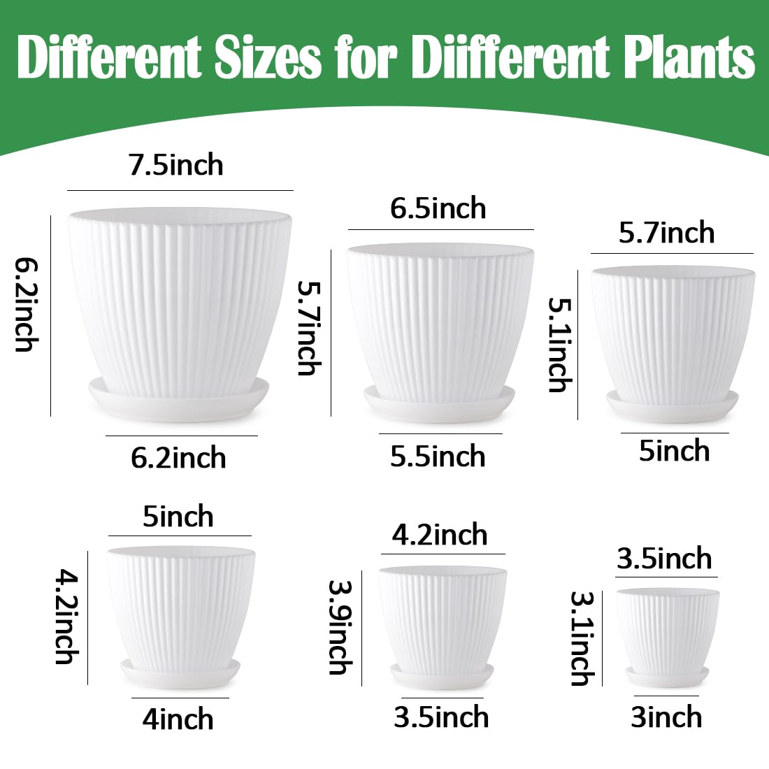7.5/6.5/5.5/4.9/4.2/3.5 Inch Plant Pots with Saucers & Drain Holes - Indoor/Outdoor Flower Pots for Succulents, Herbs, Cactus - Modern Lightweight Durable Planter Set, White