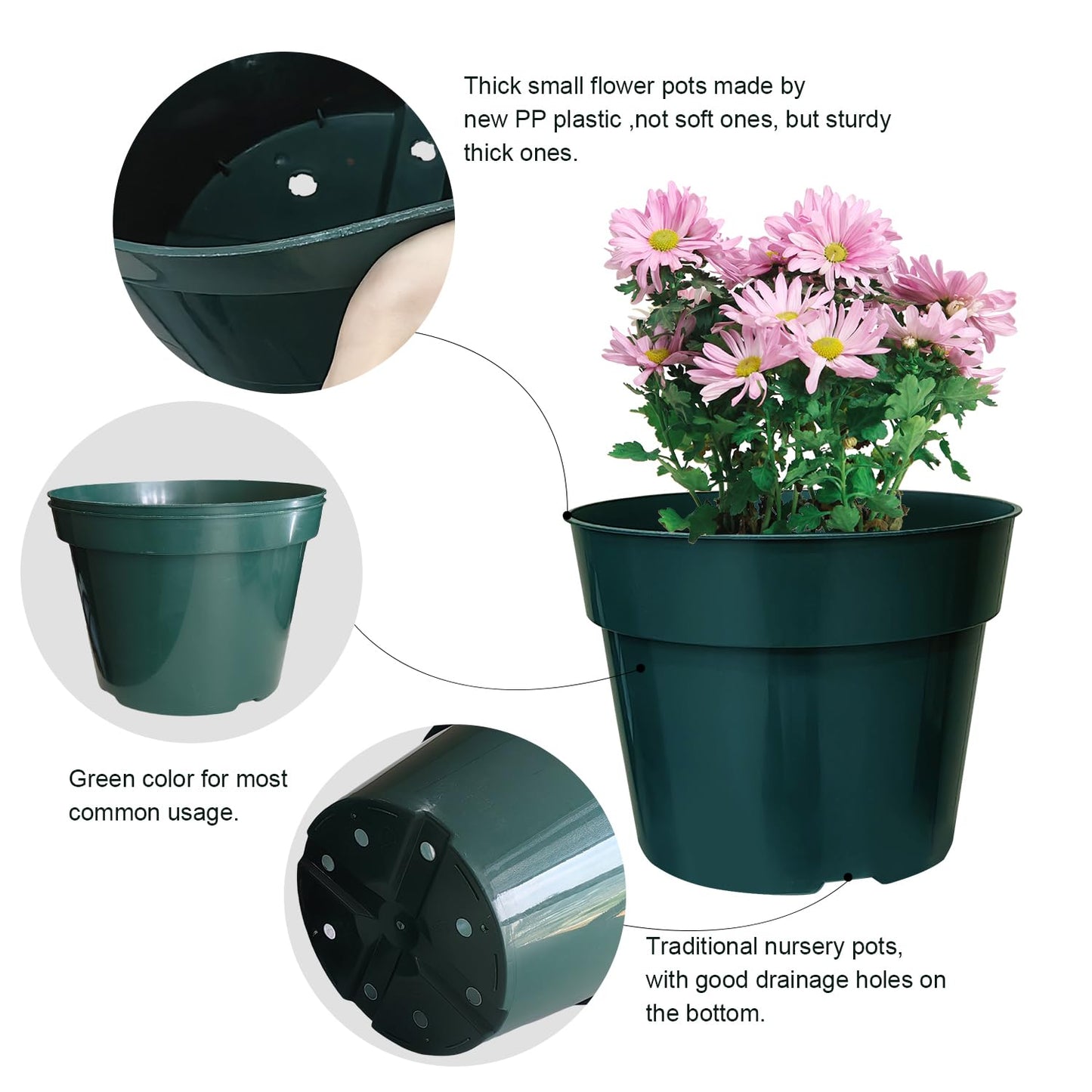 50 Pack 6 Inch Nursery Pots, Planting Grow Plastic Flower Pots, Thick Planters with Drainage Holes for Outdoor/Indoor Plants Succulent Herb (Green)