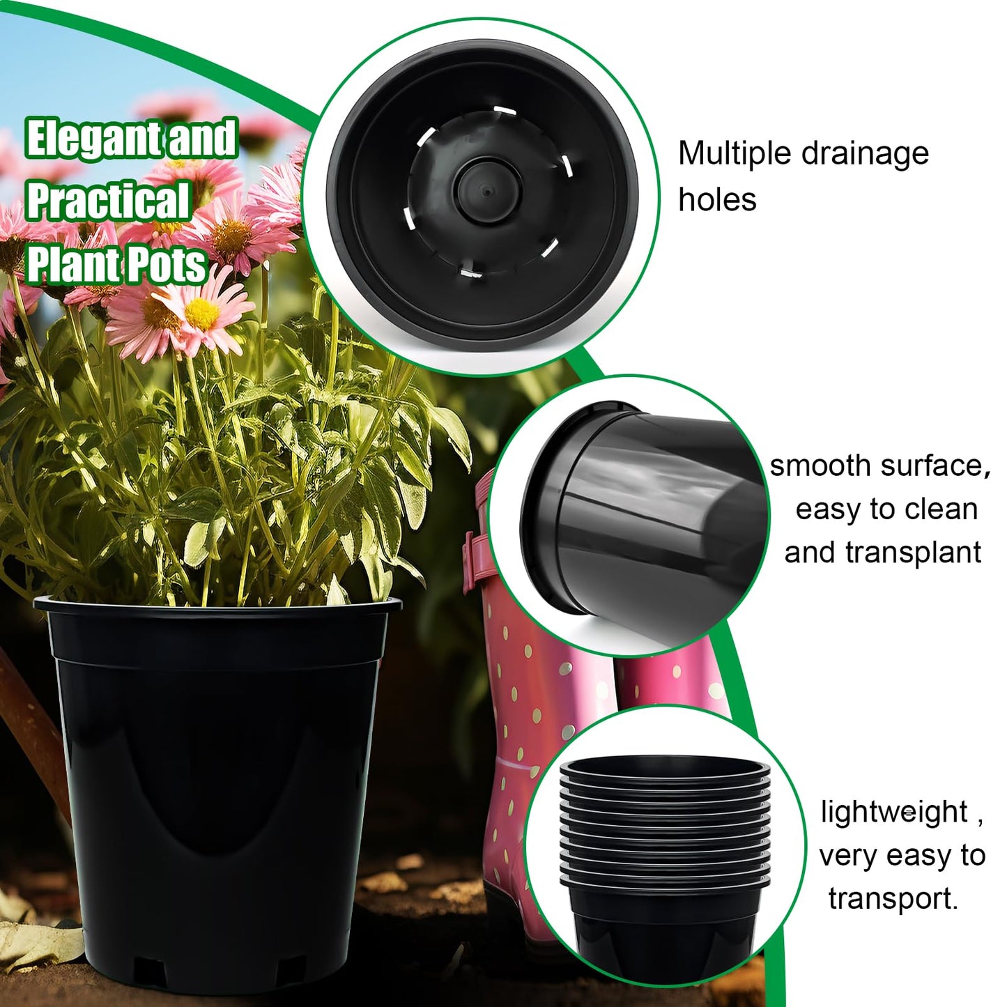 1.5 Gallon Plastic Nursery Pots, 7.5 Inch Round Plant Pots with Drainage Holes, 15 Pack Flower Pots for Outdoor Indoor Plants, Flowers, Gardening Gifts for Women, Black