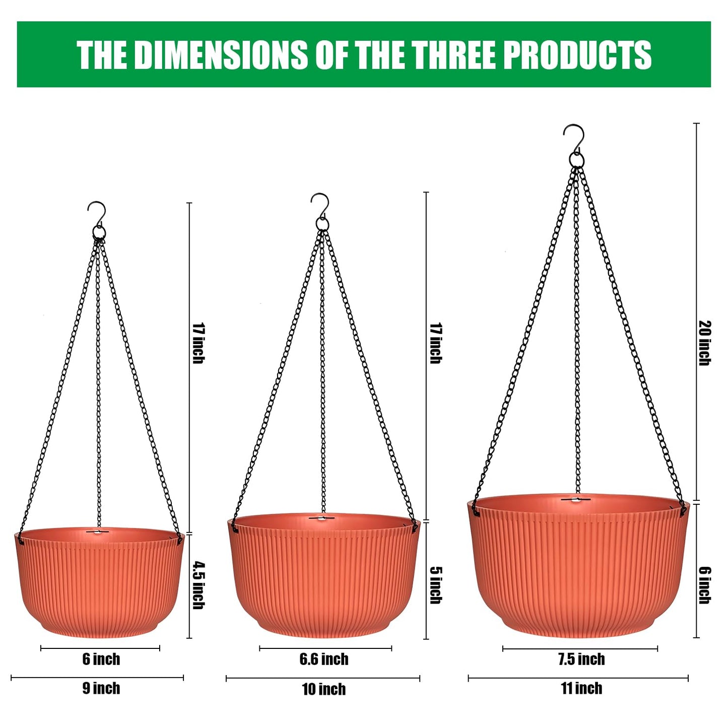 Hanging Planters 9/10/11 Inch for Indoor Plants, 3 Pack Plant Hanger Outdoor with Drainage Holes, Self Watering Hanging Basket Flower Pot for Garden Home Decor, Light Coral