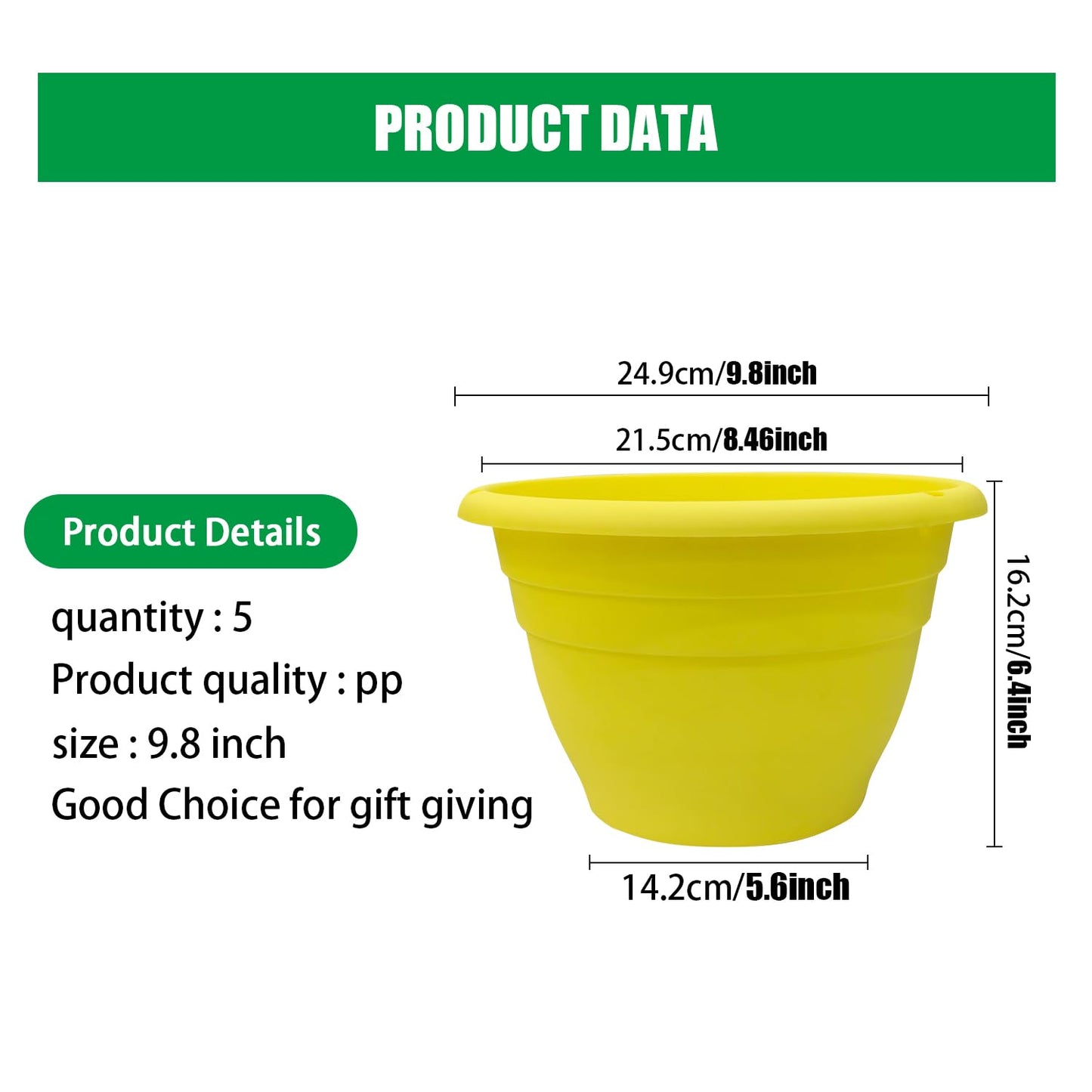 Plant Pot Set of 5, 10" Outside Diameter Flower Pots, 8.5" Inner Diameter Plant Planters with Drainage Hole, Durable Garden Pots Perfect for Indoor & Outdoor Plant Planting, Decor, Yellow