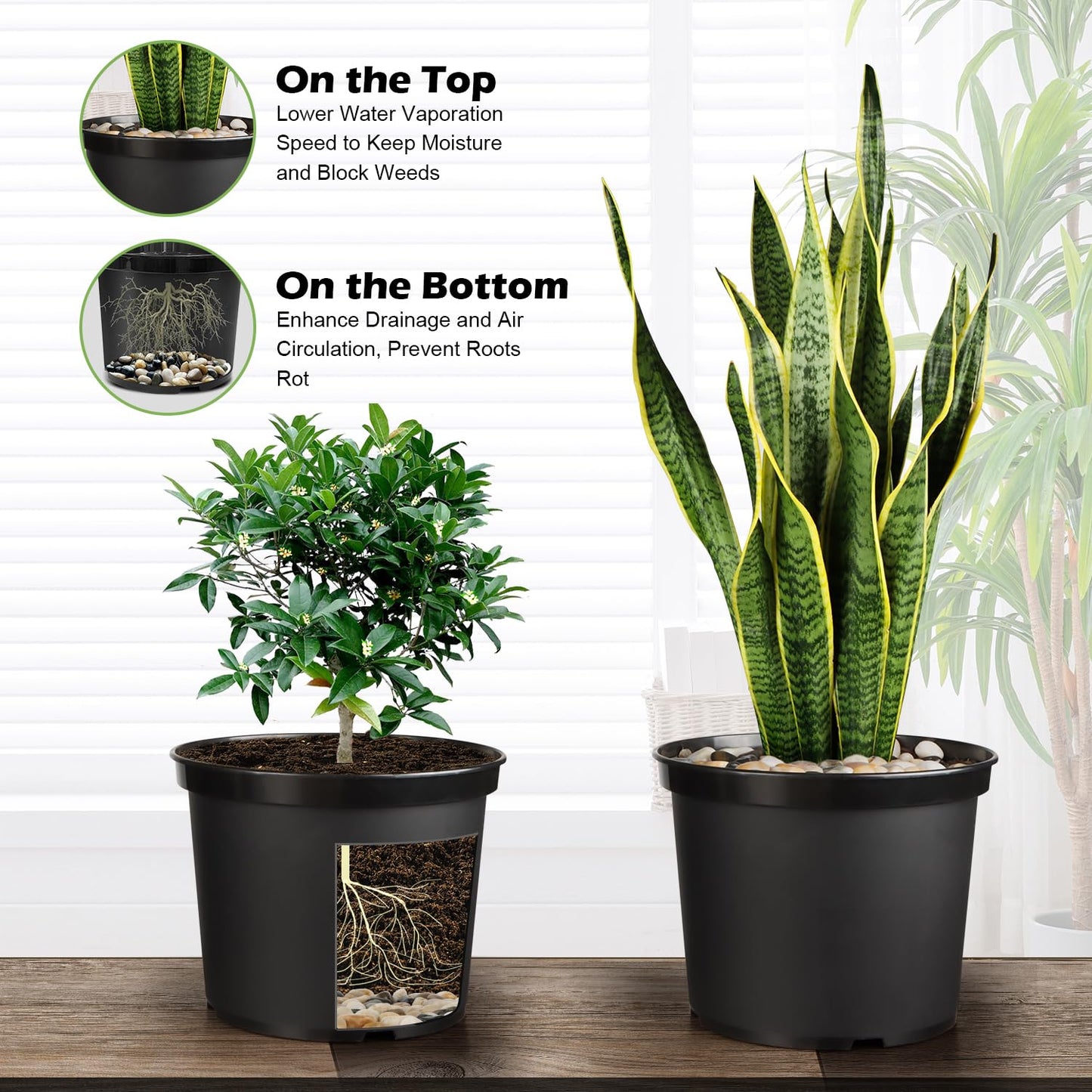 5 Gallon Pots with 10lbs Rocks, 12 Inch Plastic Nursery Pots with Drainage Holes, Round Sturdy Garden Pots with Stones, Deep Nursery Pots for Plants, Gardening Gifts for Women (5-Pack, Black)