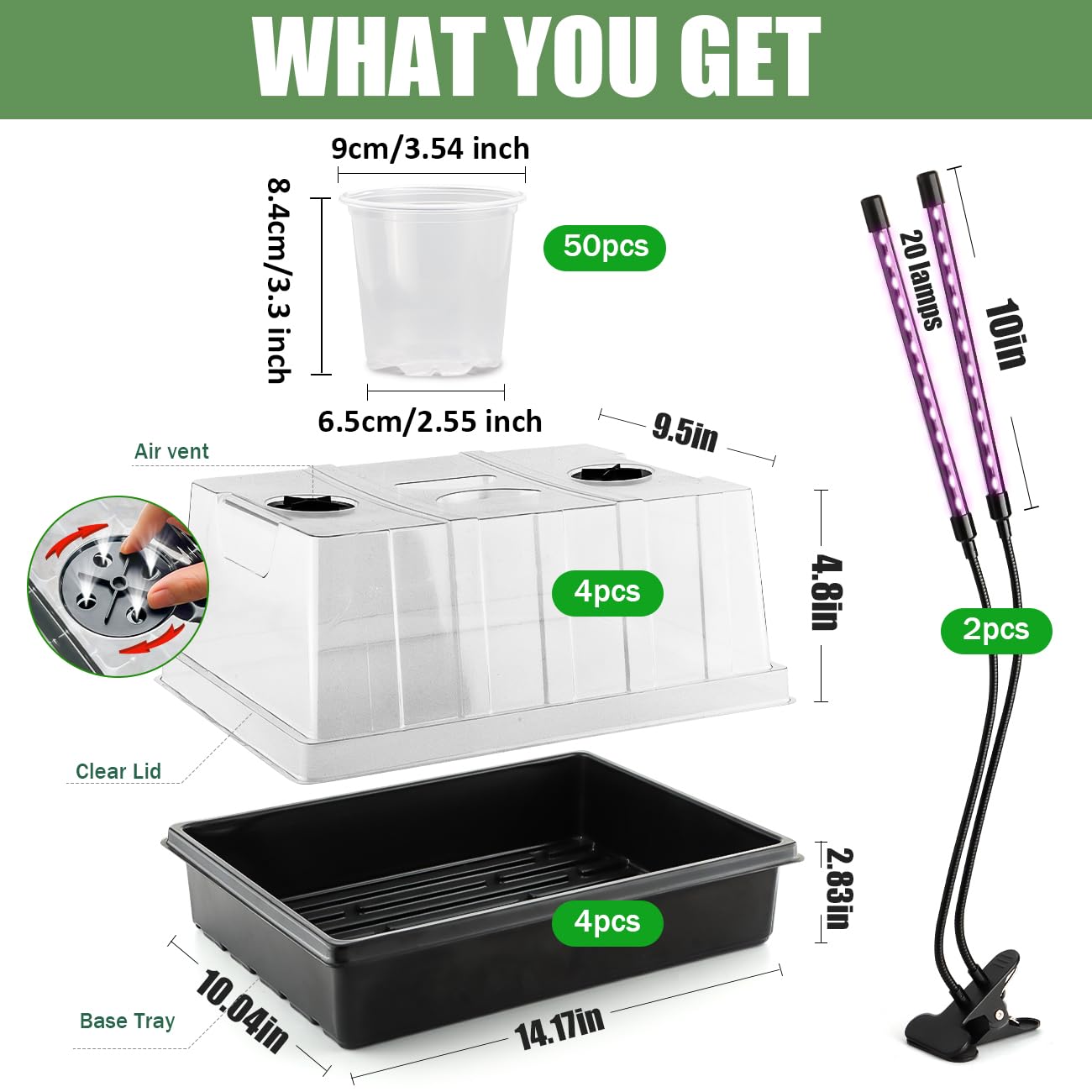 50pcs 3.5" Clear Nursery Pots with 4 Trays and 2 Adjustable LED Grow Lights – Complete Seed Starter Kit with 5" Tall Humidity Dome for Seed Germination, Seedling Planting Propagation, Indoor Gardening