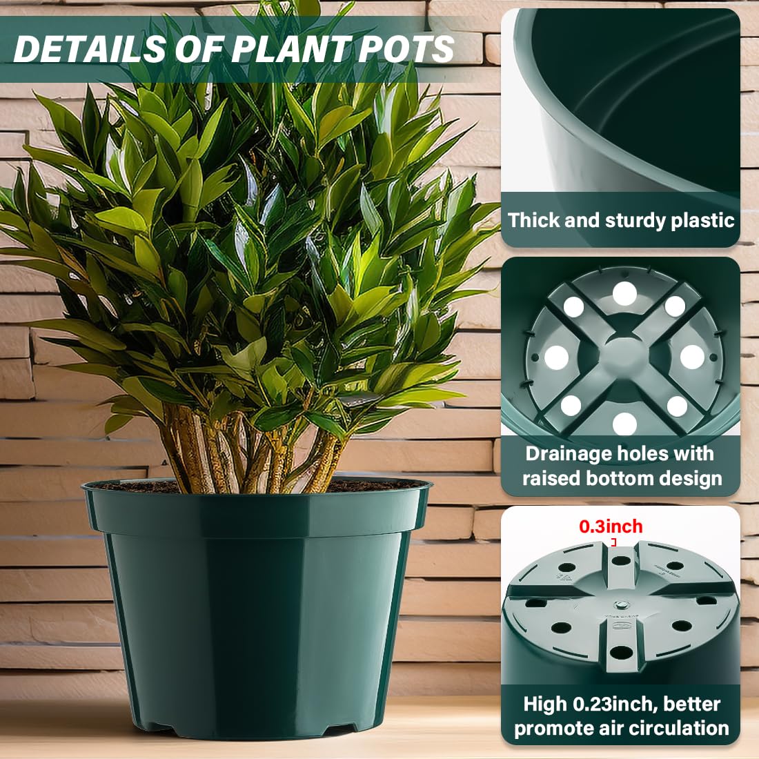 BTPLASTIK 8 Inch Plastic Plant Pots, 15 Pack Sturdy Nursery Pots with Drainage Holes, Flower Planter Pots for Indoor Outdoor, Garden Containers Sets for Vegetable Herbs Flowers, Green