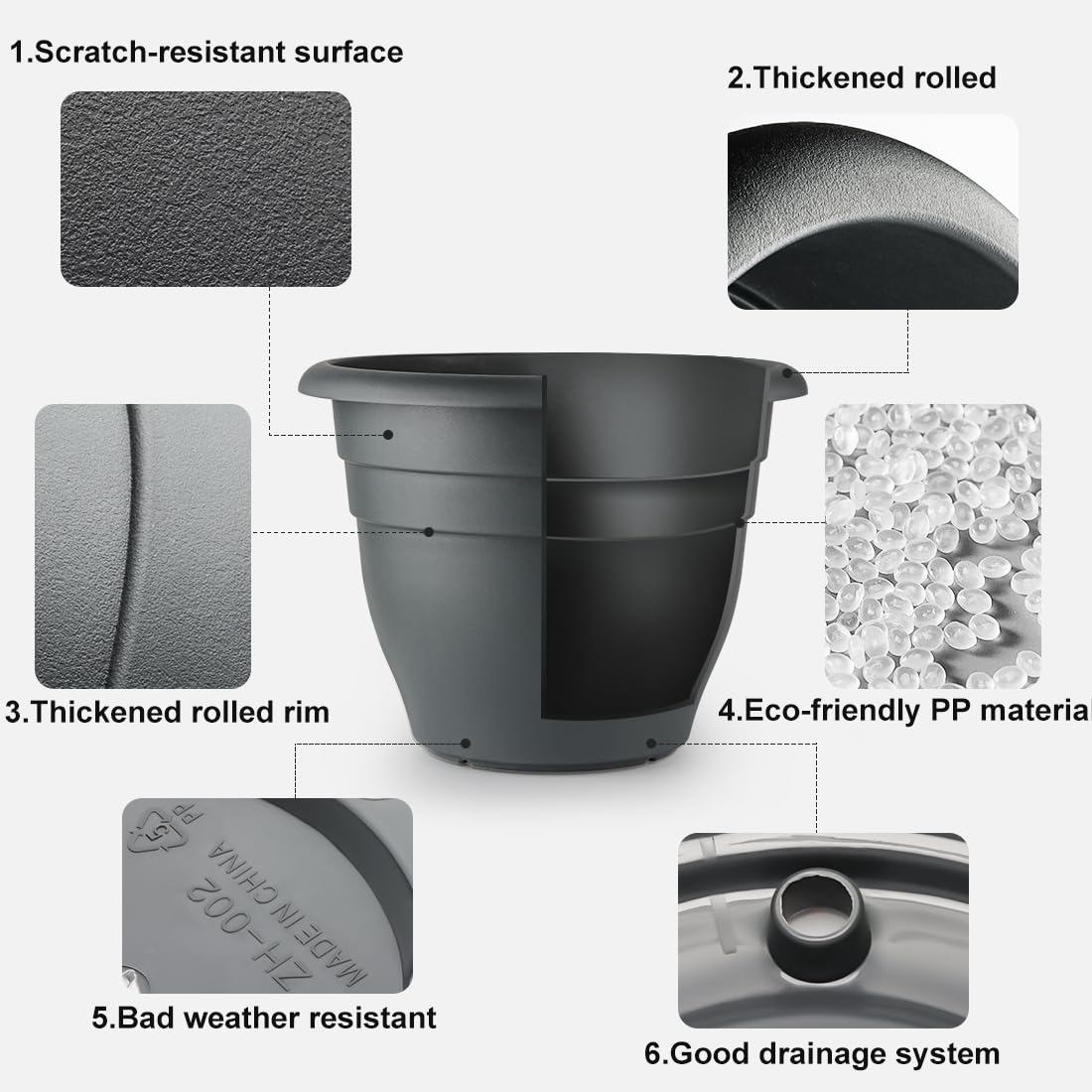 16 Inch Plant Pots, Planters for Outdoor Plants, Thickened Plastic Flower Pots, Large Planters with Drainage Holes(Pack of 3, Gray)