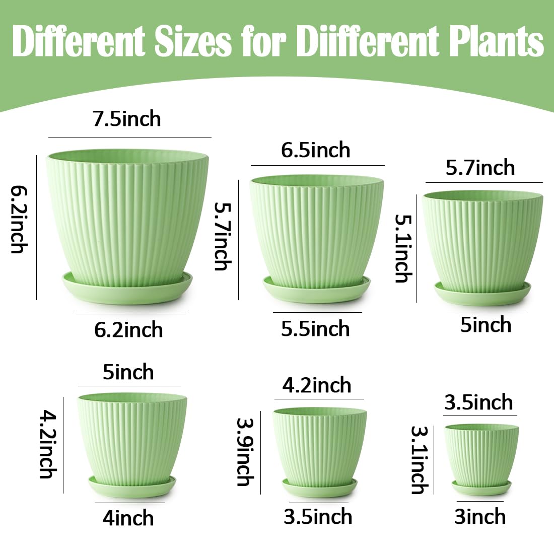 Indoor Planters with Drainage Holes and Saucers, 7.5/6.5/5.5/4.9/4.2/3.5 Inch Plant Pots, 6 Pack Plastic Flower Pots for Indoor Plants Such as Succulents and Herbs, Green