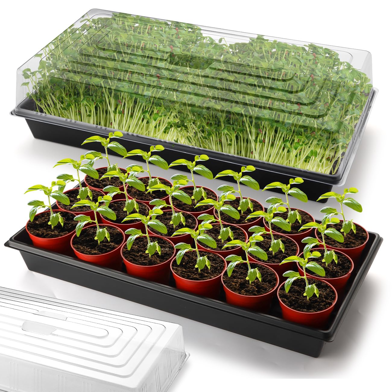 5-Pack 1020 Seed Trays with Humidity Domes - Reusable Heavy Duty Plant Propagation Trays, 3.6" 1020 Clear Greenhouse Covers & Handle for Seedlings, Cloning, Microgreens (No Holes Design)