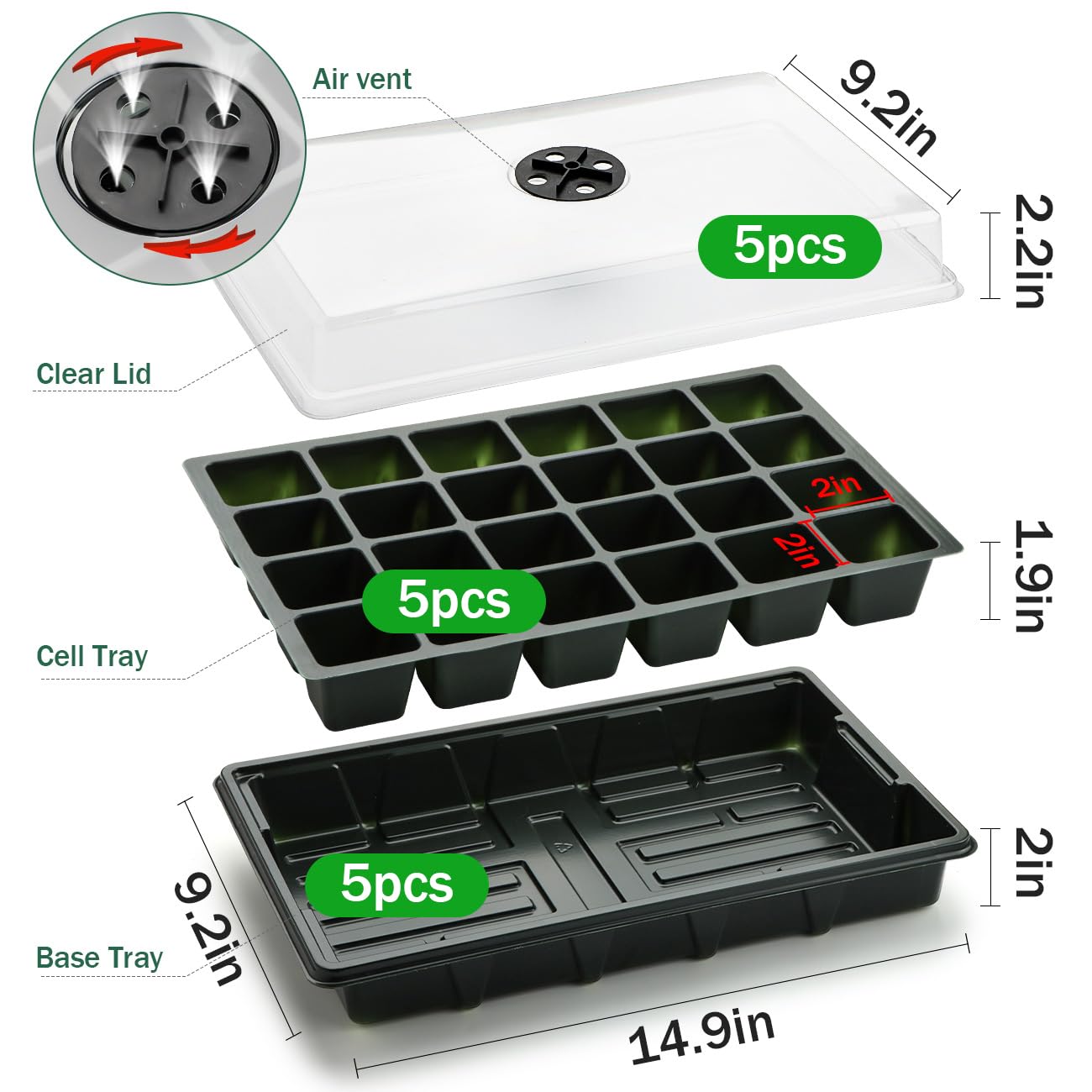 Seed Starter Tray with Dome-5 Sets 24XL Cell Seedling Trays(Total 120 Cells), Plant Germination Tray with Humidity Vented Lid and Base, Mini Propagator Plant Greenhouse for Seed Growing