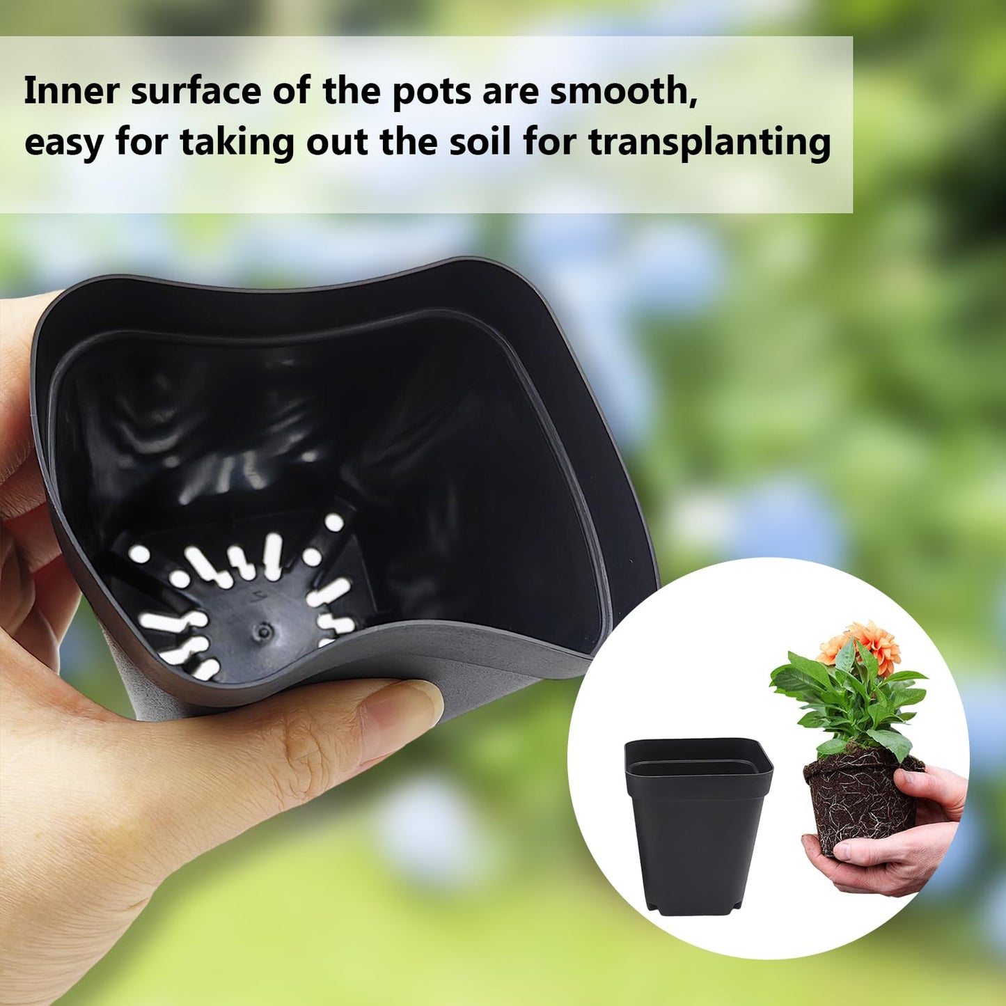 Square Nursery Pots (2.7", 3", 3.5", 4") with Drainage Holes 20 Pcs, Plastic Seed Starting Pots, Sturdy and Durable Seedling Pots for Planting, Cuttings and Transplanting, Black