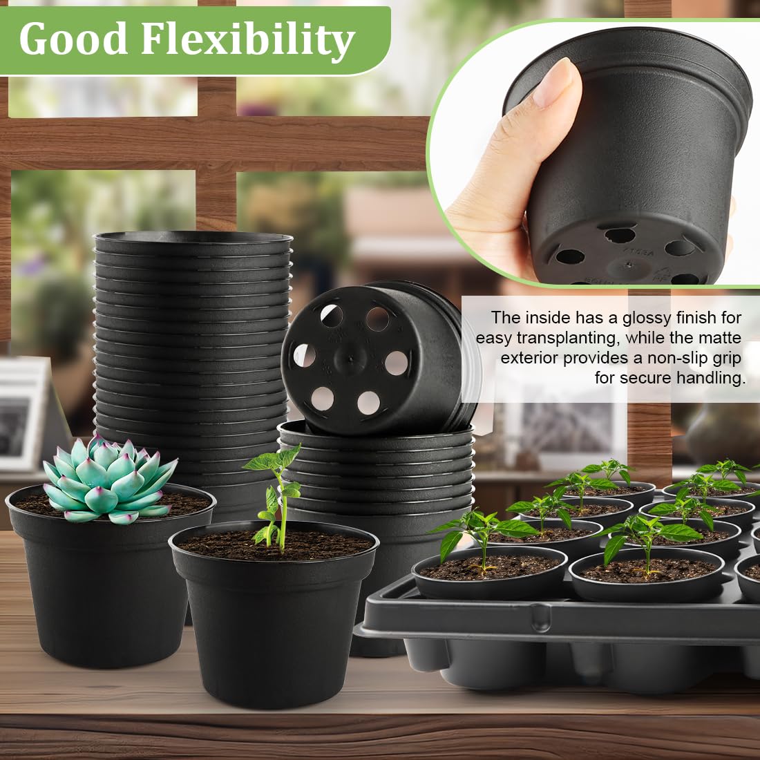3 Inch Plastic Plant Pots 100 Pcs with 5 Pcs 20 Cell Seed Starter Trays, Thick Black Small Nursery Pots and Propagation Shuttle Trays for Seed Starting, Plant Propagation Starter Kit 5 Sets