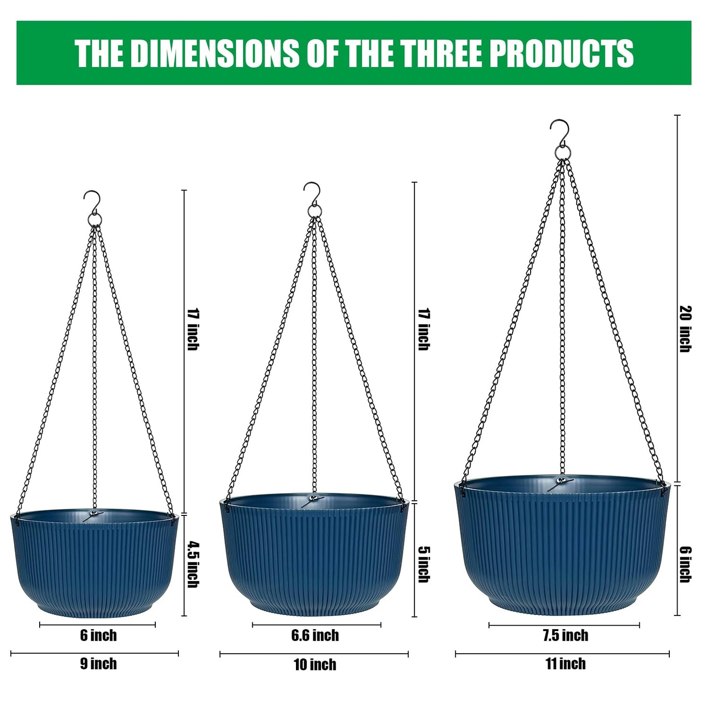 Hanging Planters 9/10/11 Inch for Indoor Plants, 3 Pack Plant Hanger Outdoor with Drainage Holes, Self Watering Hanging Basket Flower Pot for Garden Home Decor, Dark Blue
