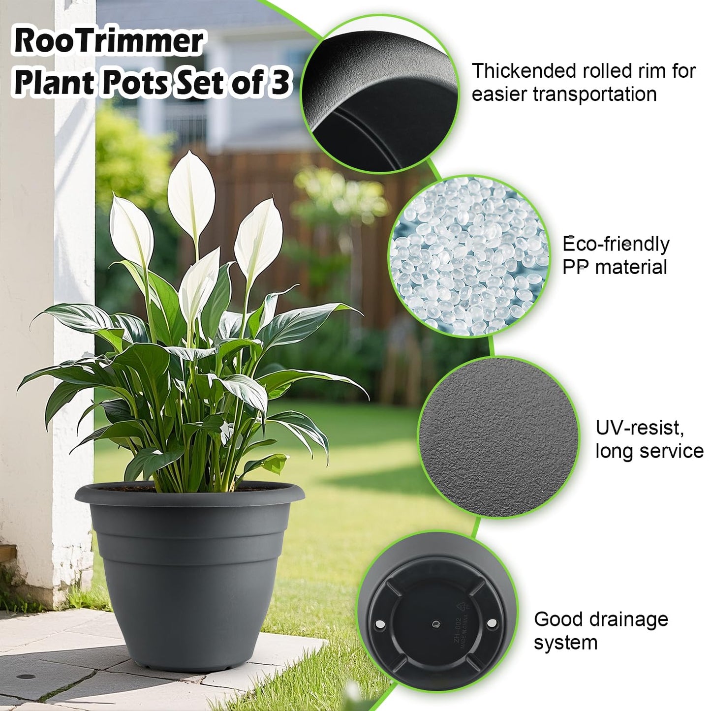 12 Inch Plant Pots, Large Planters for Outdoor Plants, Plastic Flower Pots - Durable and Lightweight with Drainage Holes (3 Packs, Gray)