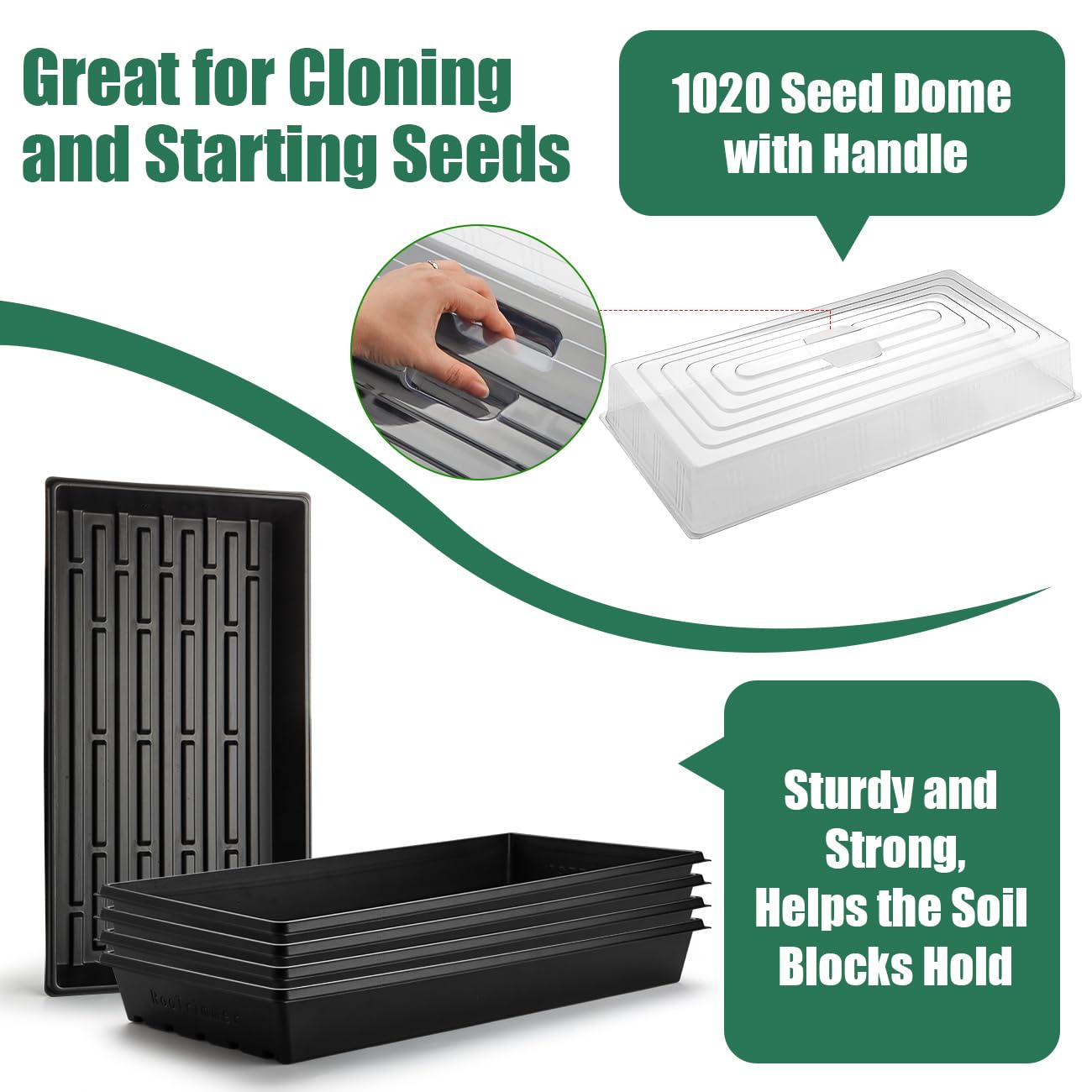 5-Pack 1020 Seed Trays with Humidity Domes - Reusable Heavy Duty Plant Propagation Trays, 3.6" 1020 Clear Greenhouse Covers & Handle for Seedlings, Cloning, Microgreens (No Holes Design)