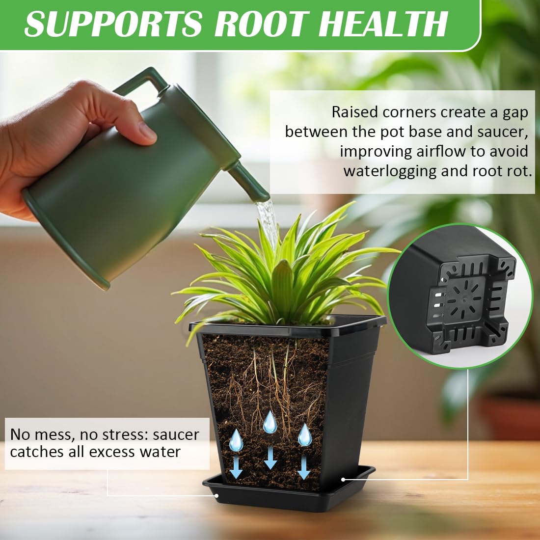 BTPLASTIK Square Plastic Planter 8 Inch, Plant Pots with Drainage Hole & Tray, 10 Pack Modern Decorative Garden Pot with Saucer, 1 Gallon Flower Pots Planters for Indoor Outdoor Plants
