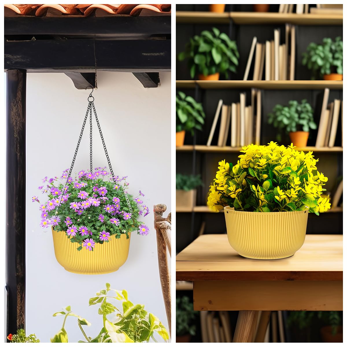 Hanging Planters 9/10/11 Inch for Indoor Plants, 3 Pack Plant Hanger Outdoor with Drainage Holes, Self Watering Hanging Basket Flower Pot for Garden Home Decor, Yellow
