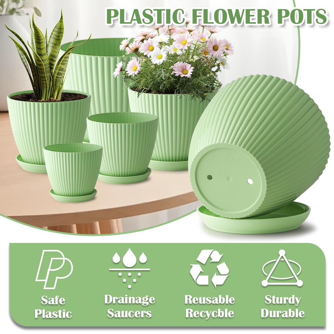 Indoor Planters with Drainage Holes and Saucers, 7.5/6.5/5.5/4.9/4.2/3.5 Inch Plant Pots, 6 Pack Plastic Flower Pots for Indoor Plants Such as Succulents and Herbs, Green