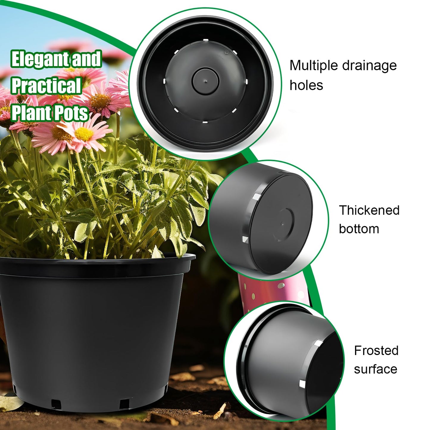 7 Gallon Plastic Nursery Pots, 15 Inch Large Plastic Pots for Plants, Round Plant Pots with Drainage Holes, Flower Pots for Outdoor Indoor Plants, Gardening Gifts for Women (5-Pack, Black)